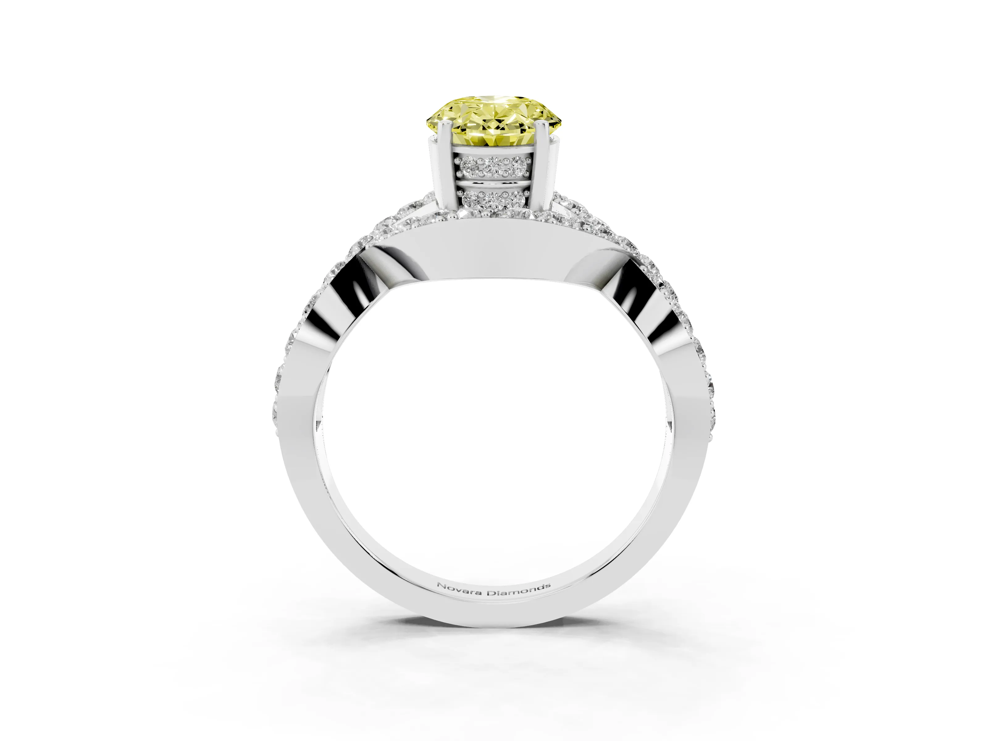 Fancy Yellow Oval Cut Diamond Solitaire Twist Band Pavé Engagement Ring Set in Platinum