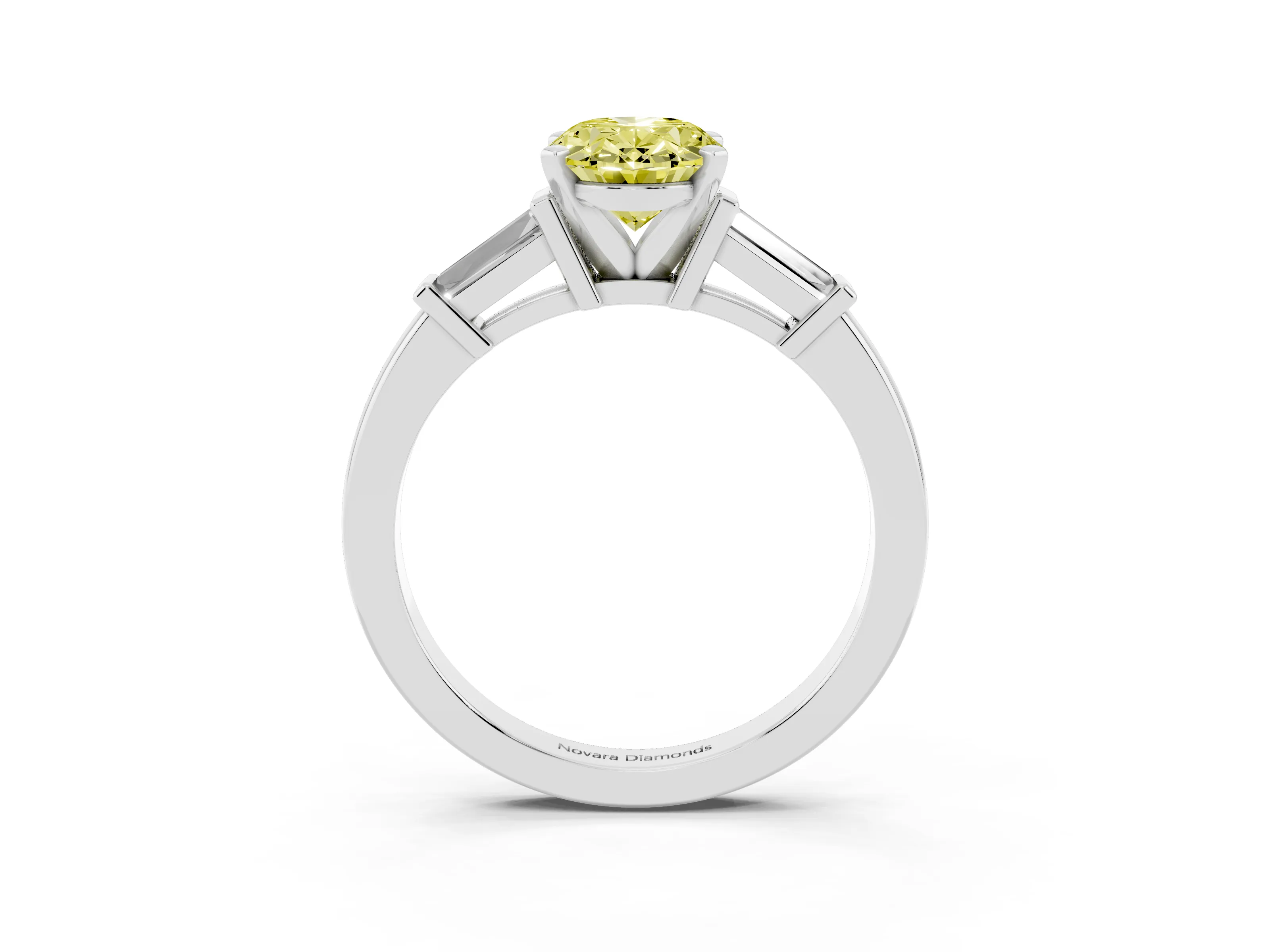 Fancy Yellow Oval Cut Diamond Solitaire Ring Set in White gold with Tapered Baguette Accents and Prong Setting