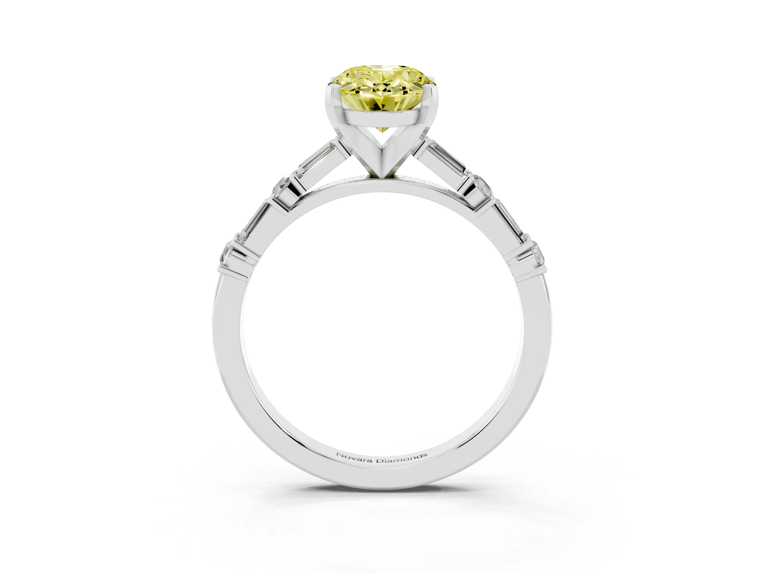 Fancy Yellow Oval Cut Diamond Solitaire Set in White gold with Side Baguettes and Channel Set Band