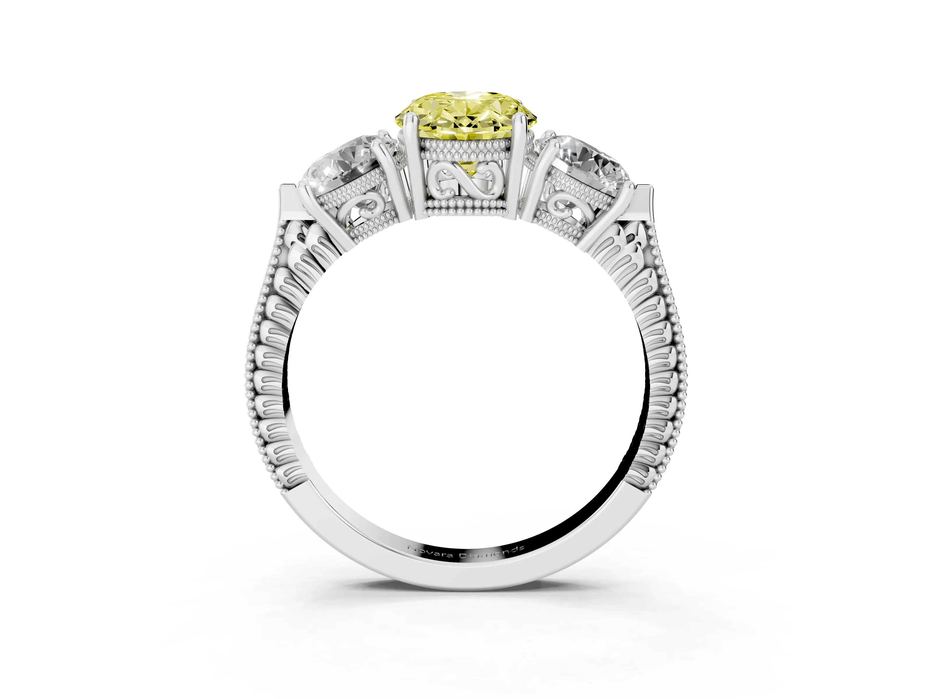 Fancy Yellow Oval Cut Diamond Three-Stone Ring Set in Silver with Milgrain Band