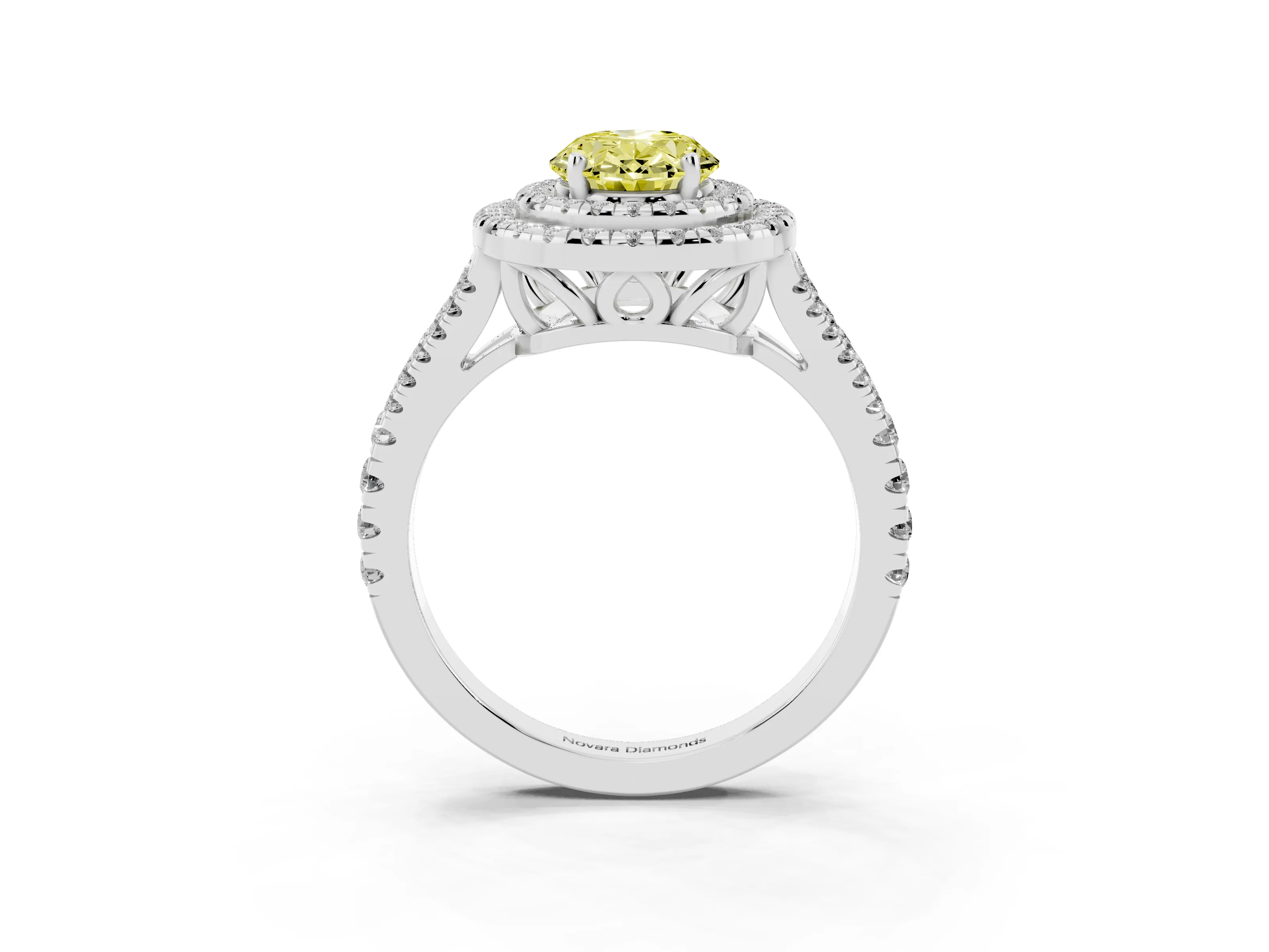 Fancy Yellow Oval Cut Diamond Double Halo Ring Set in Platinum with Pavé Band