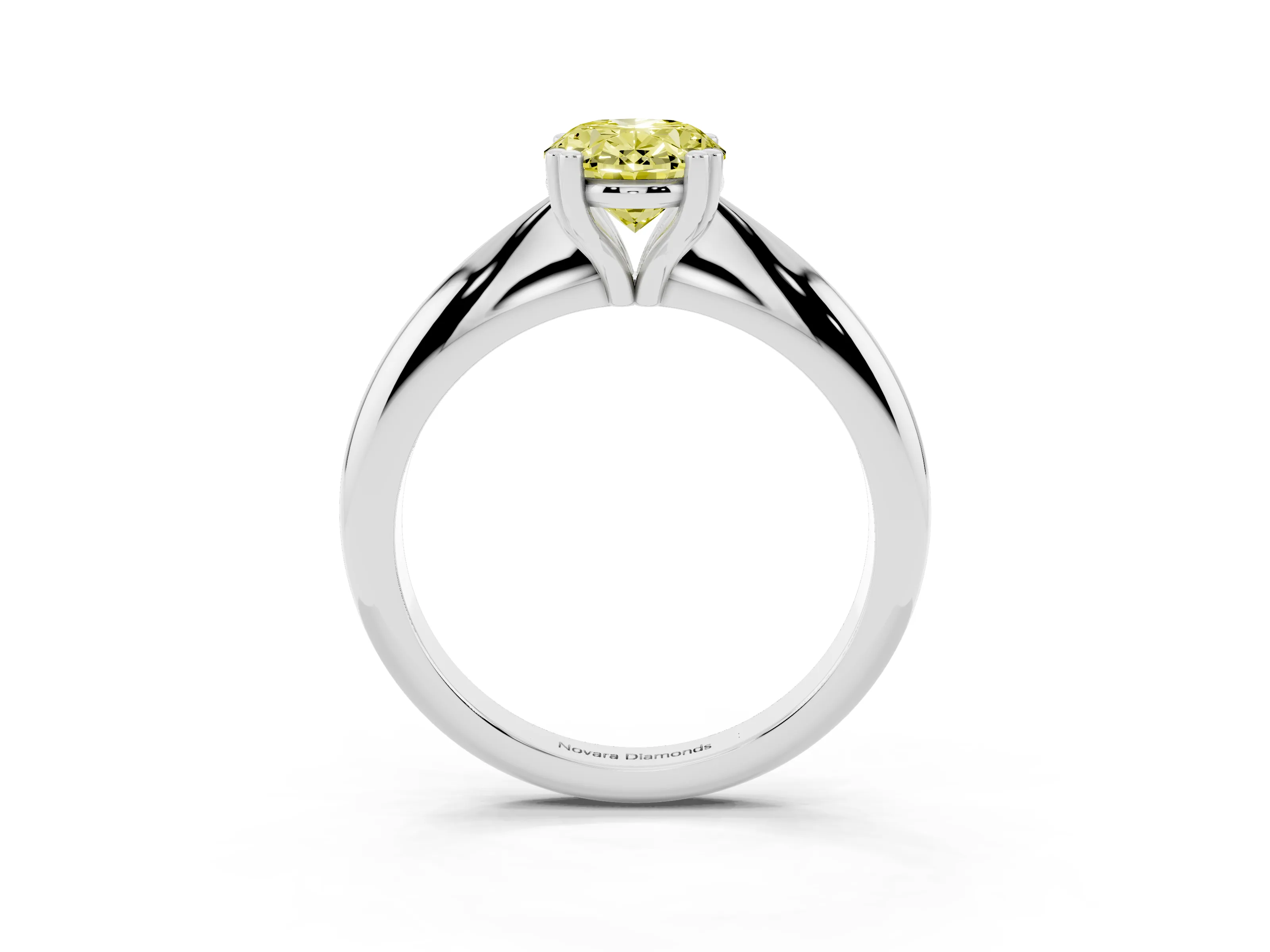 Fancy Yellow Oval Cut Diamond Solitaire Engagement Ring Set in White gold with Tapered Band and Prong Setting