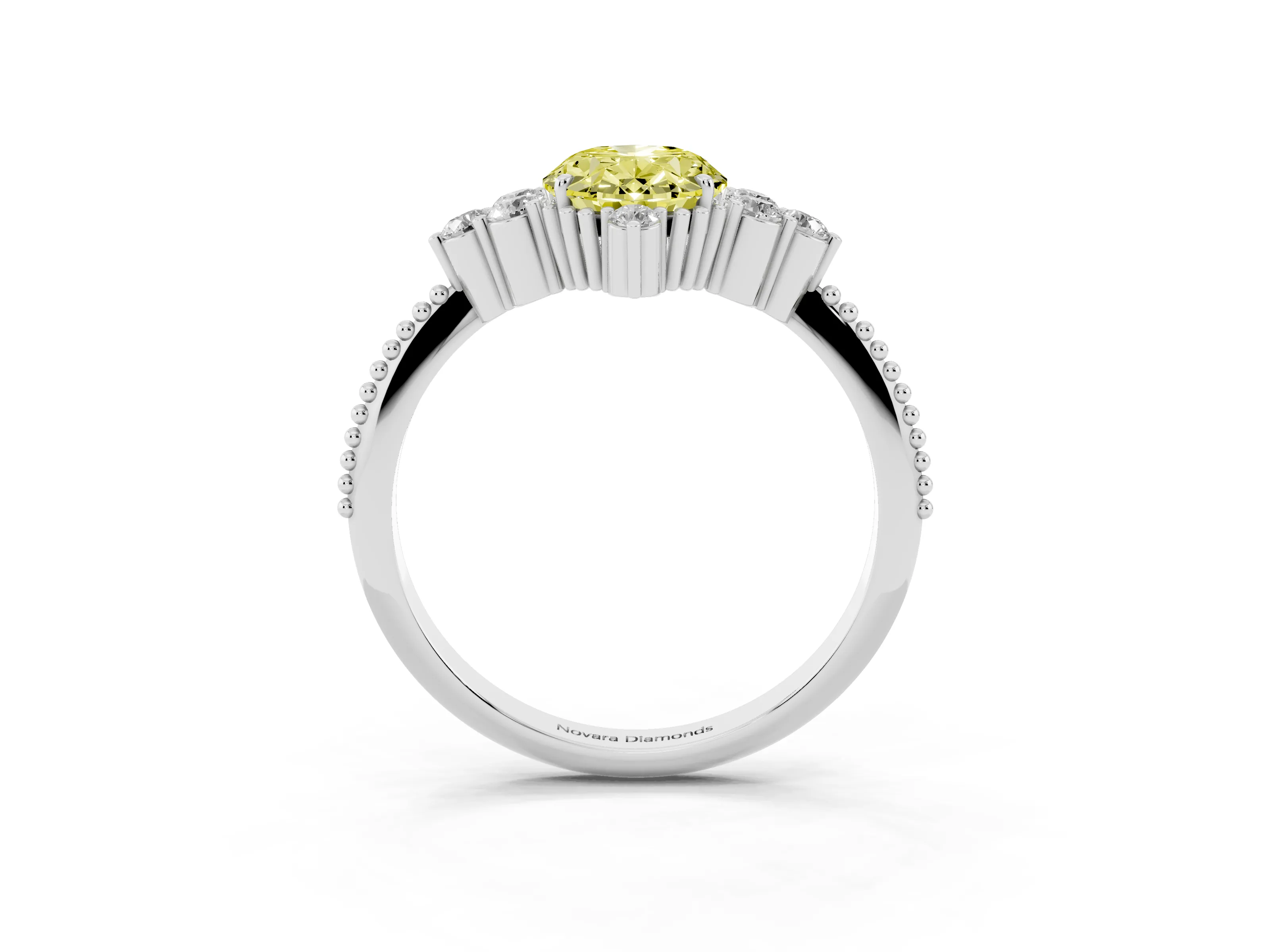 Fancy Yellow Oval Cut Diamond Cluster Ring Set in Silver with Beaded Band