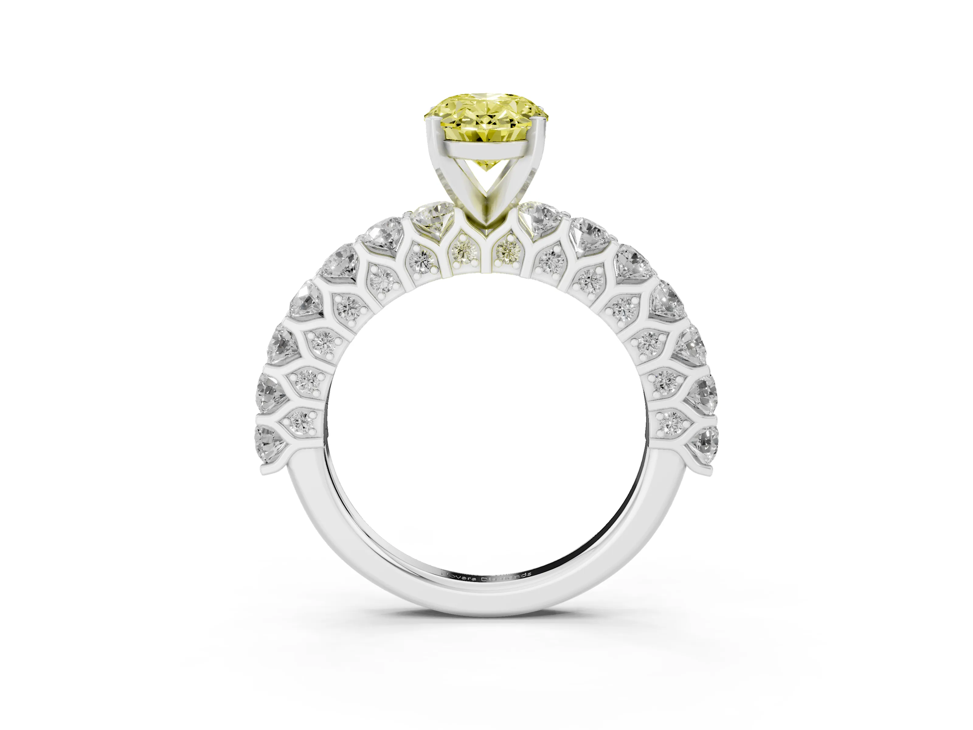 Fancy Yellow Oval Cut Diamond Solitaire Ring Set in Platinum with Shared Prong Pavé Band