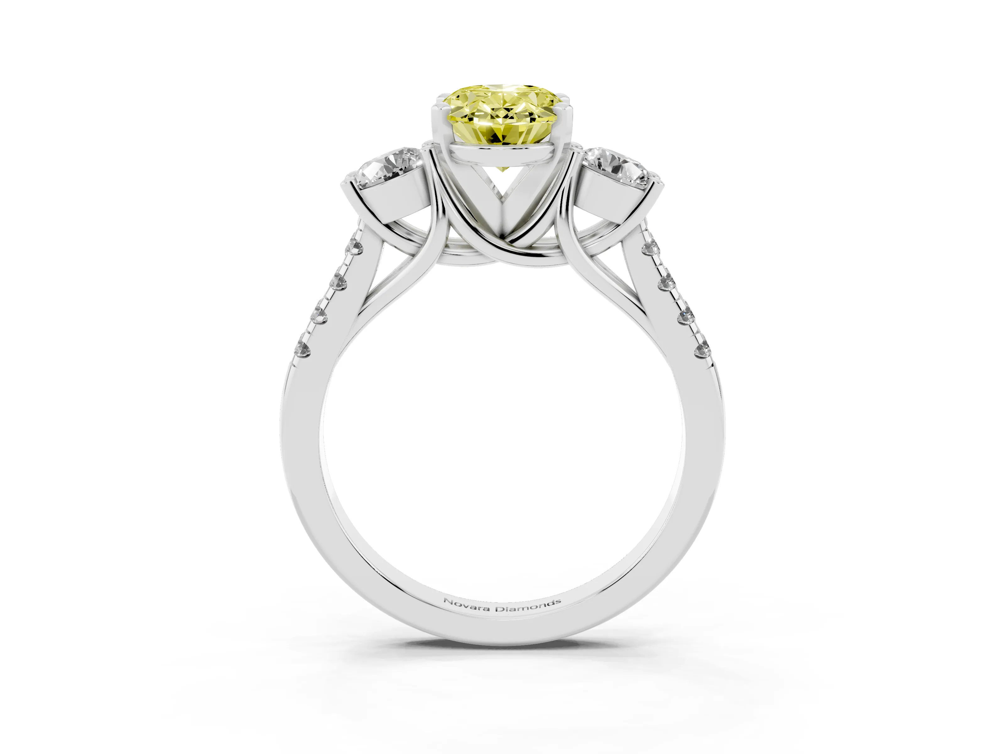 Fancy Yellow Three-Stone Oval Cut Diamond Pavé Band Ring Set in Platinum with Prong-Set Trio