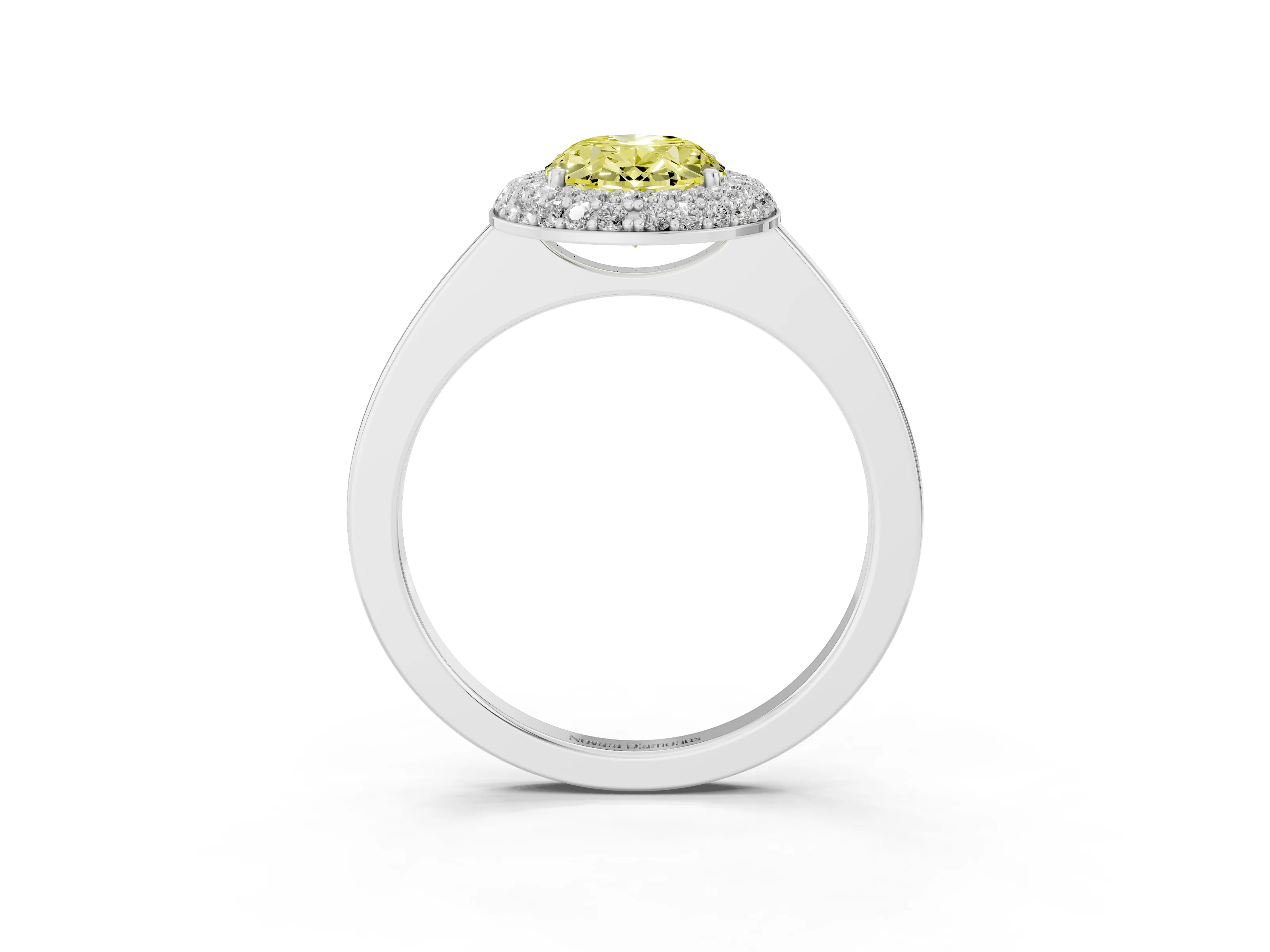 Fancy Yellow Oval Cut Diamond Halo Engagement Ring Set in White gold with Solitaire Band and Prong Setting