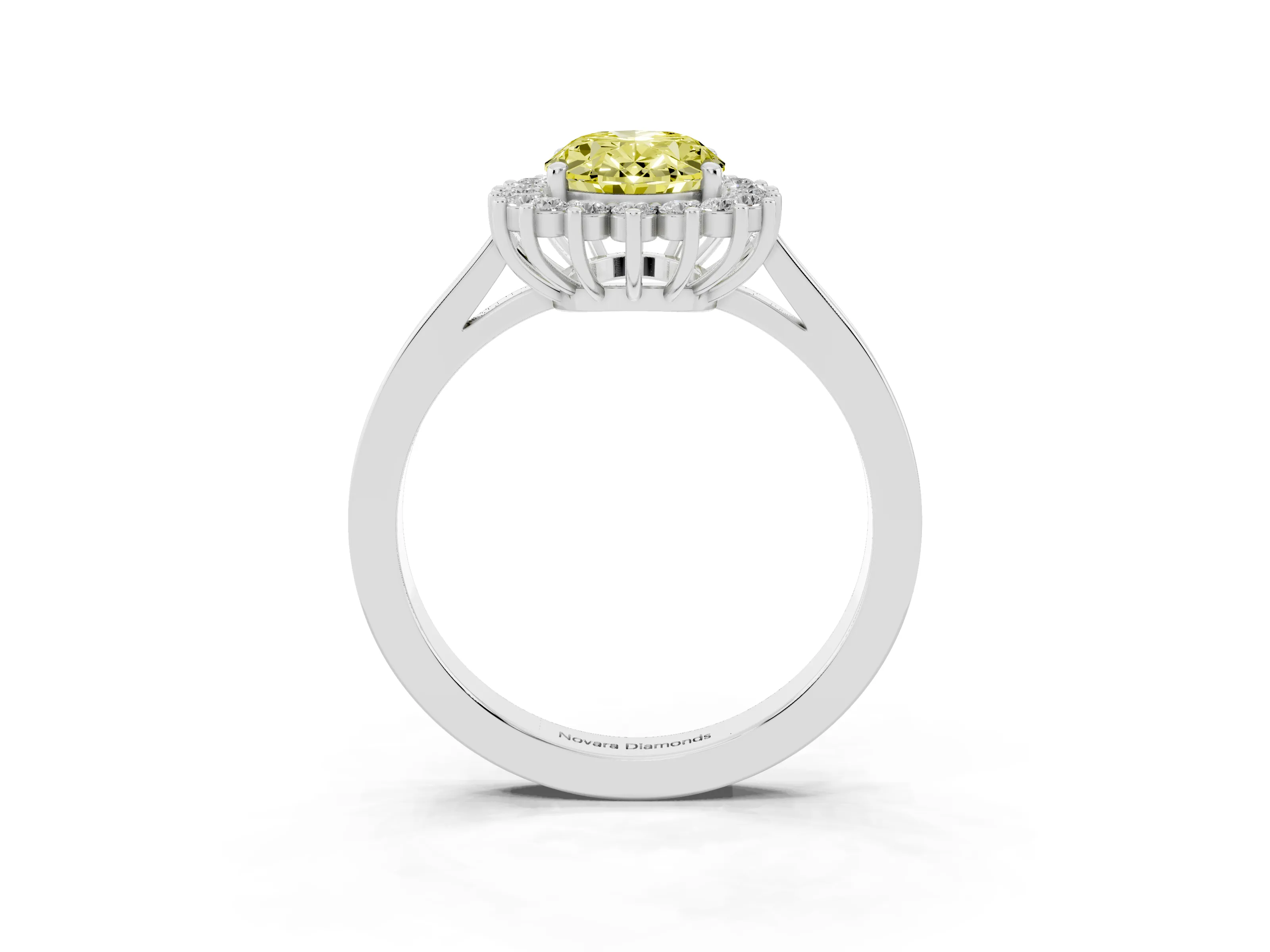 Fancy Yellow Oval Cut Diamond Halo Ring Set in White gold with Round Halo and Smooth Solitaire Band