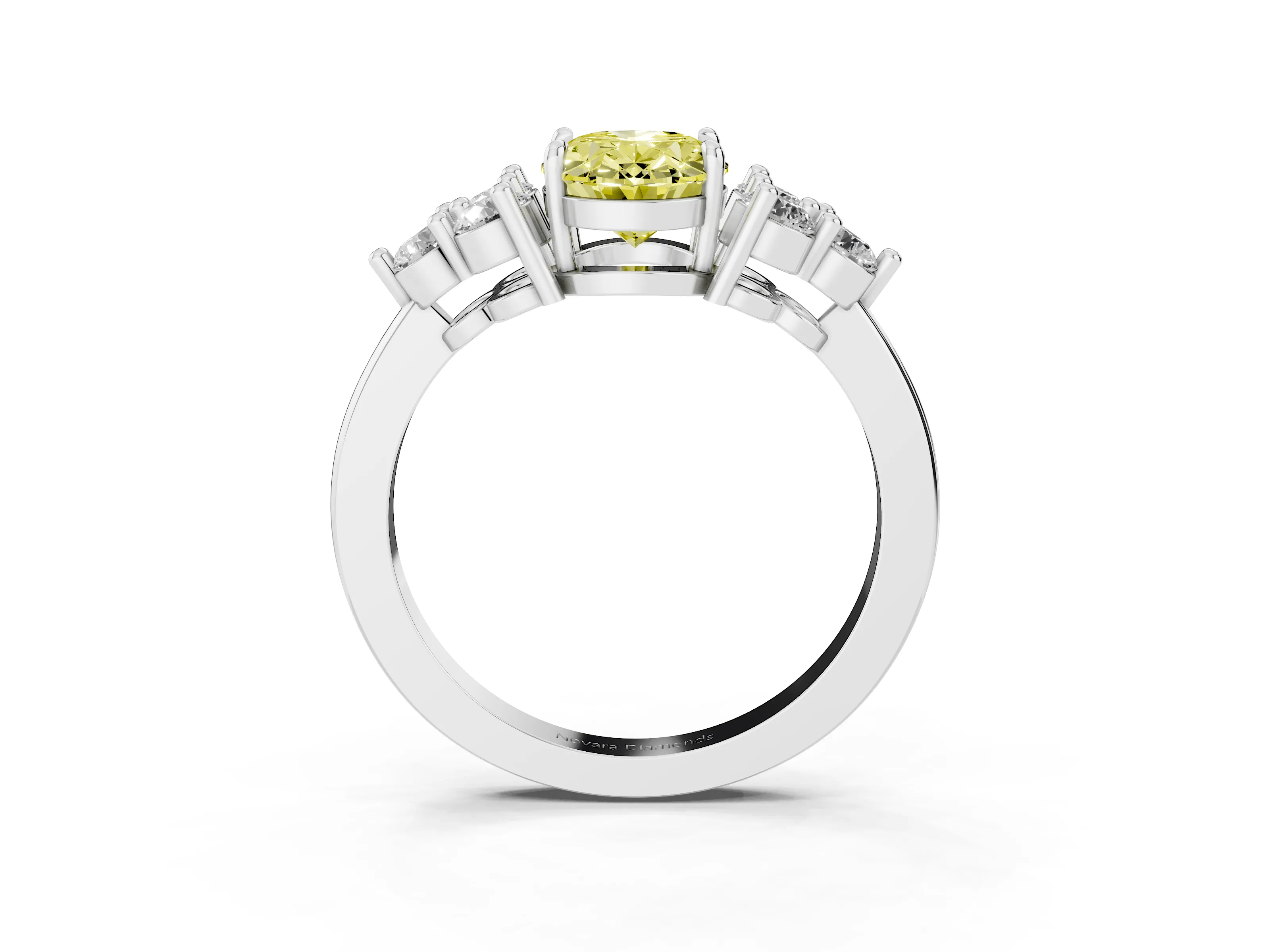 Fancy Yellow Oval Cut Diamond Solitaire Ring Set in Silver with Cluster Accents on Each Side