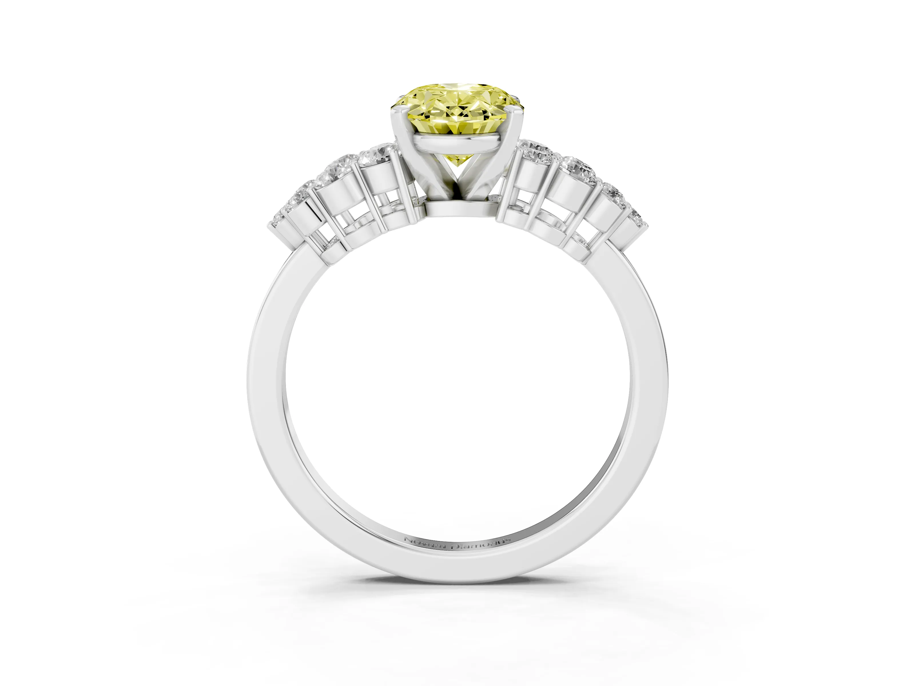 Fancy Yellow Oval Cut Diamond Cluster Engagement Ring Set in White gold with Pavé Band and Prong Setting