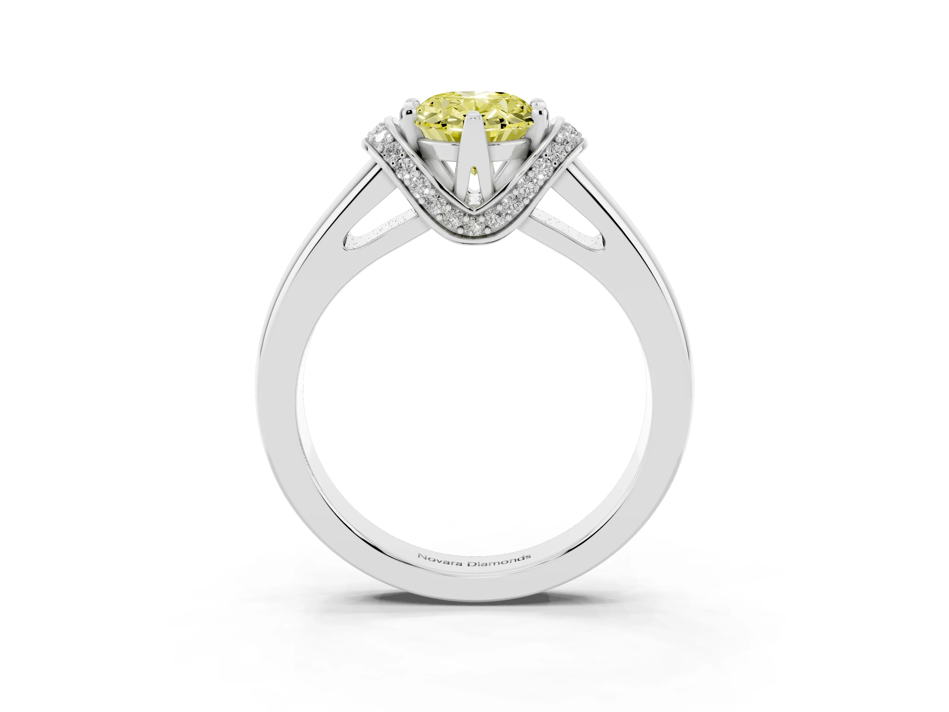 Fancy Yellow Oval Cut Diamond Pavé Band Solitaire Ring Set in Silver with Prong Setting