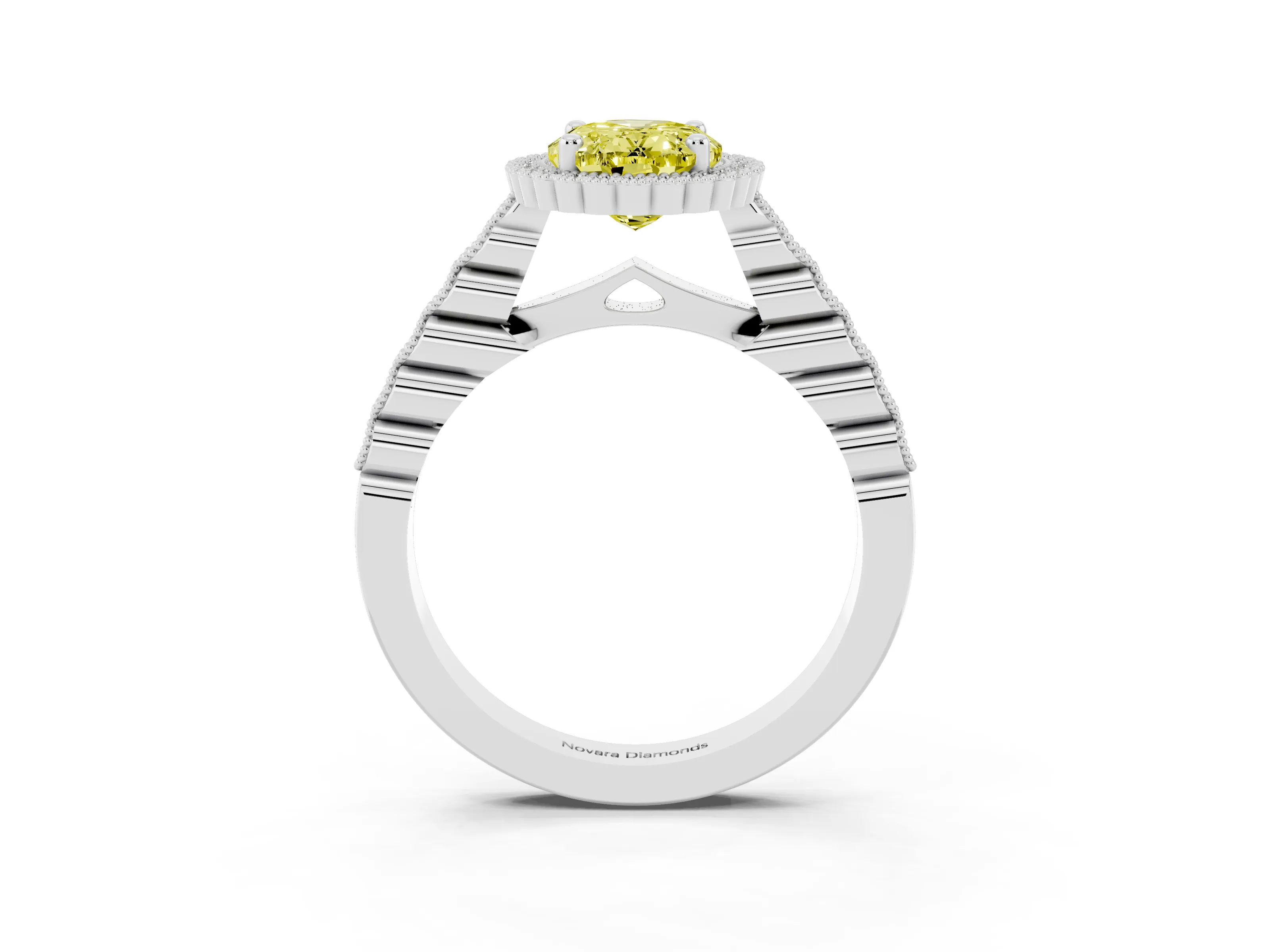 Fancy Yellow Oval Cut Diamond Halo Ring Set in Platinum with Pavé Milgrain Band