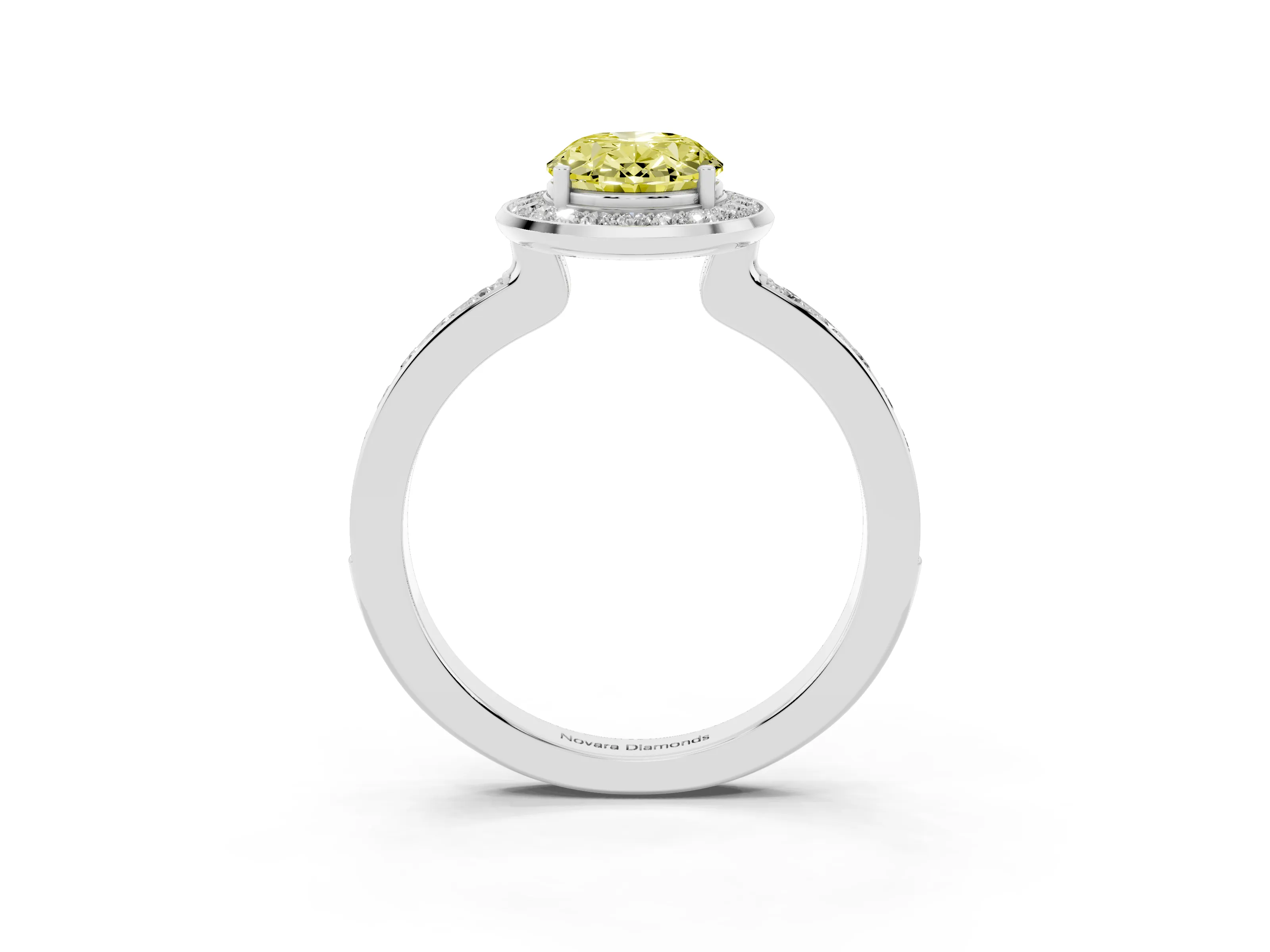 Fancy Yellow Oval Cut Diamond Halo Ring Set in White gold with Bezel Frame and Pavé Band