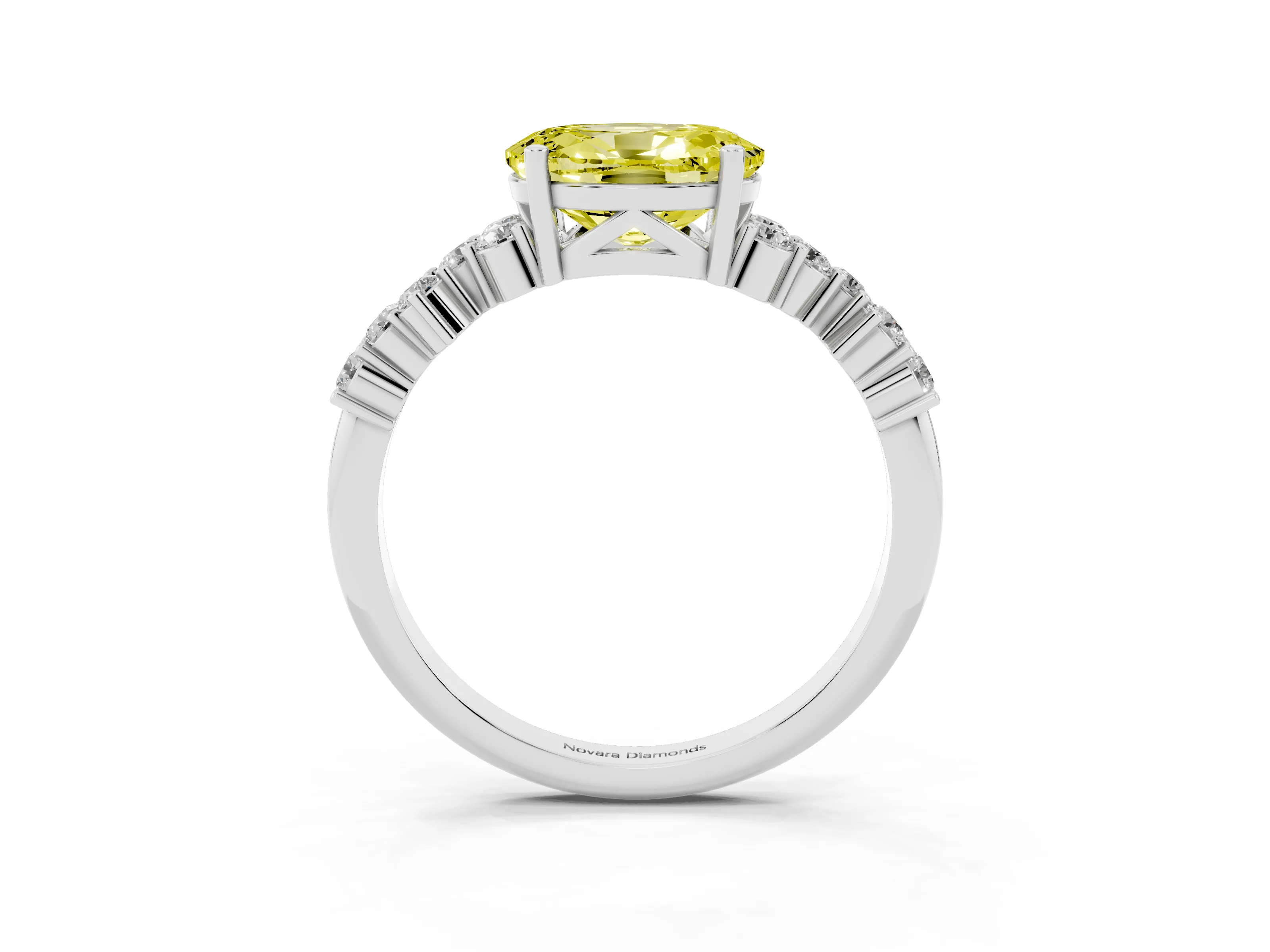 Fancy Yellow Oval Cut Diamond Ring Set in White gold with Scattered Round Accents