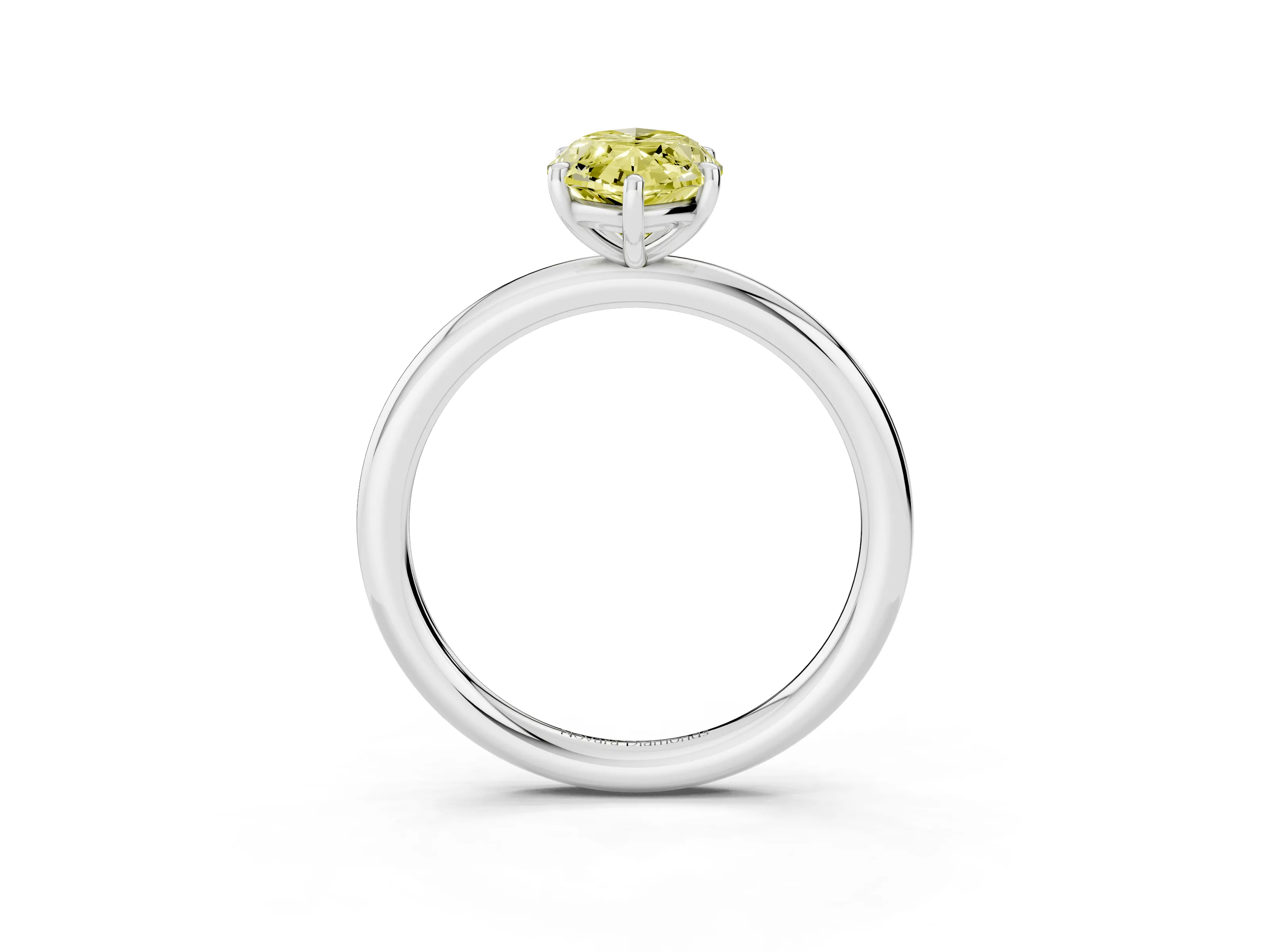Fancy Yellow Oval Cut Diamond Solitaire Ring Set in White gold with Prong Setting on a Polished Plain Band