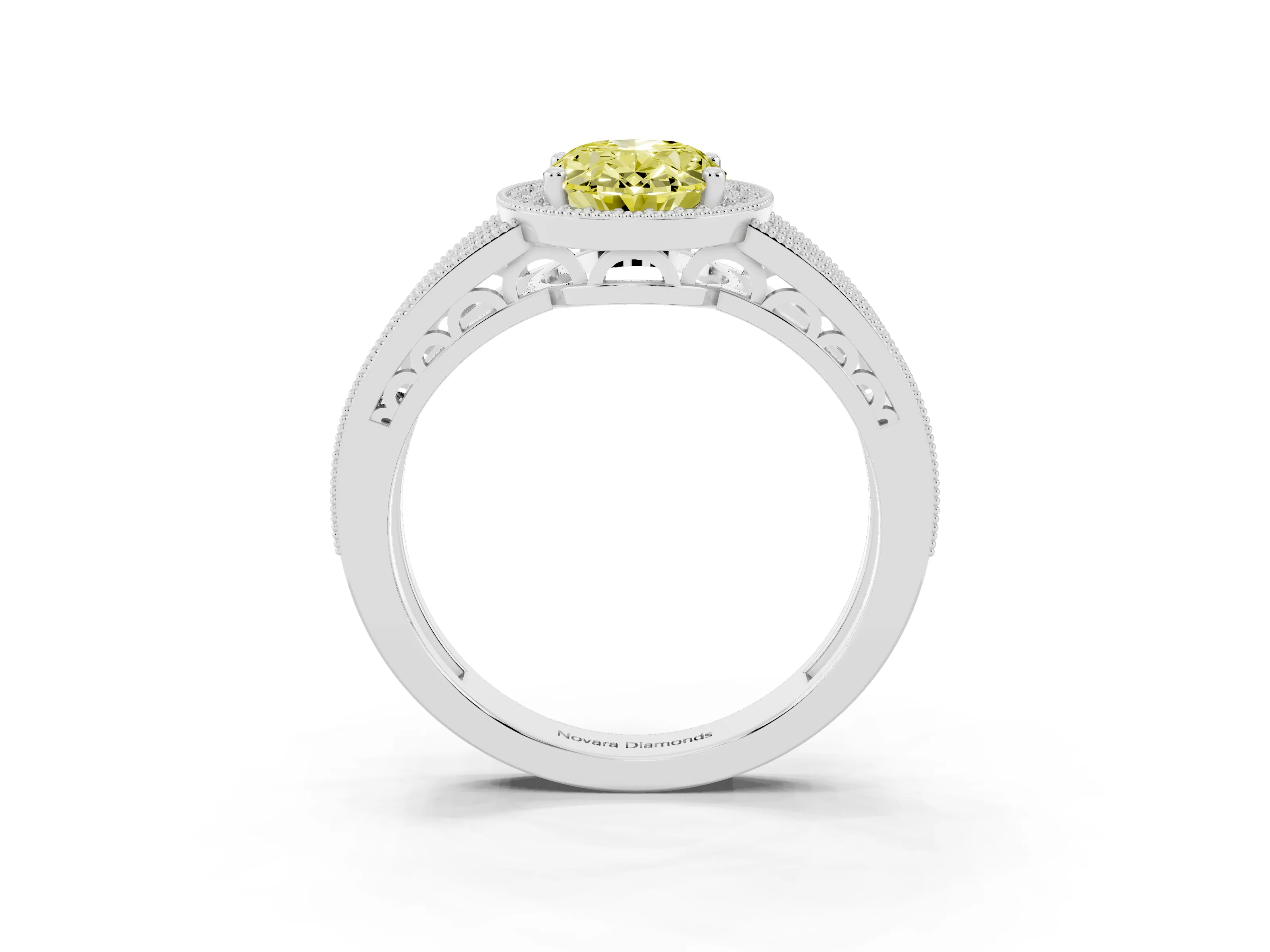 Fancy Yellow Oval Cut Diamond Halo Ring Set in Platinum with Accent Split Shank and Prong Setting