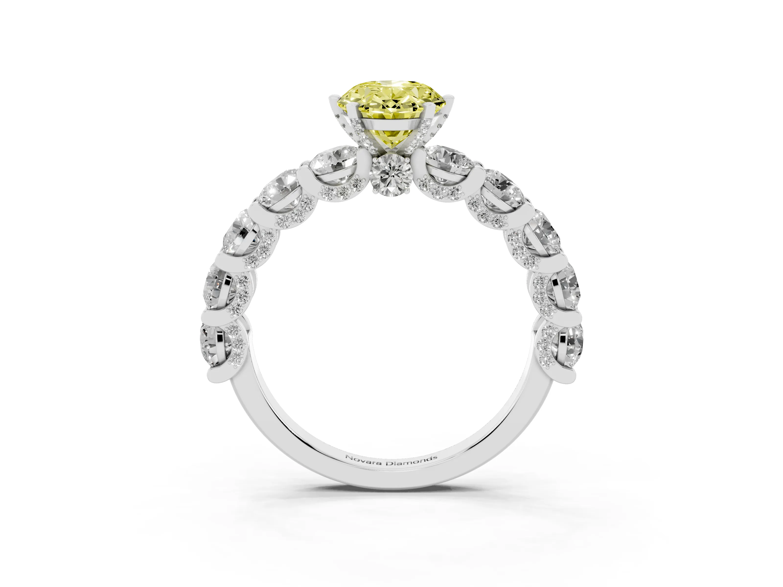 Fancy Yellow Oval Cut Diamond Side Stone Ring Set in Platinum with Alternating Round and Oval Side Stones