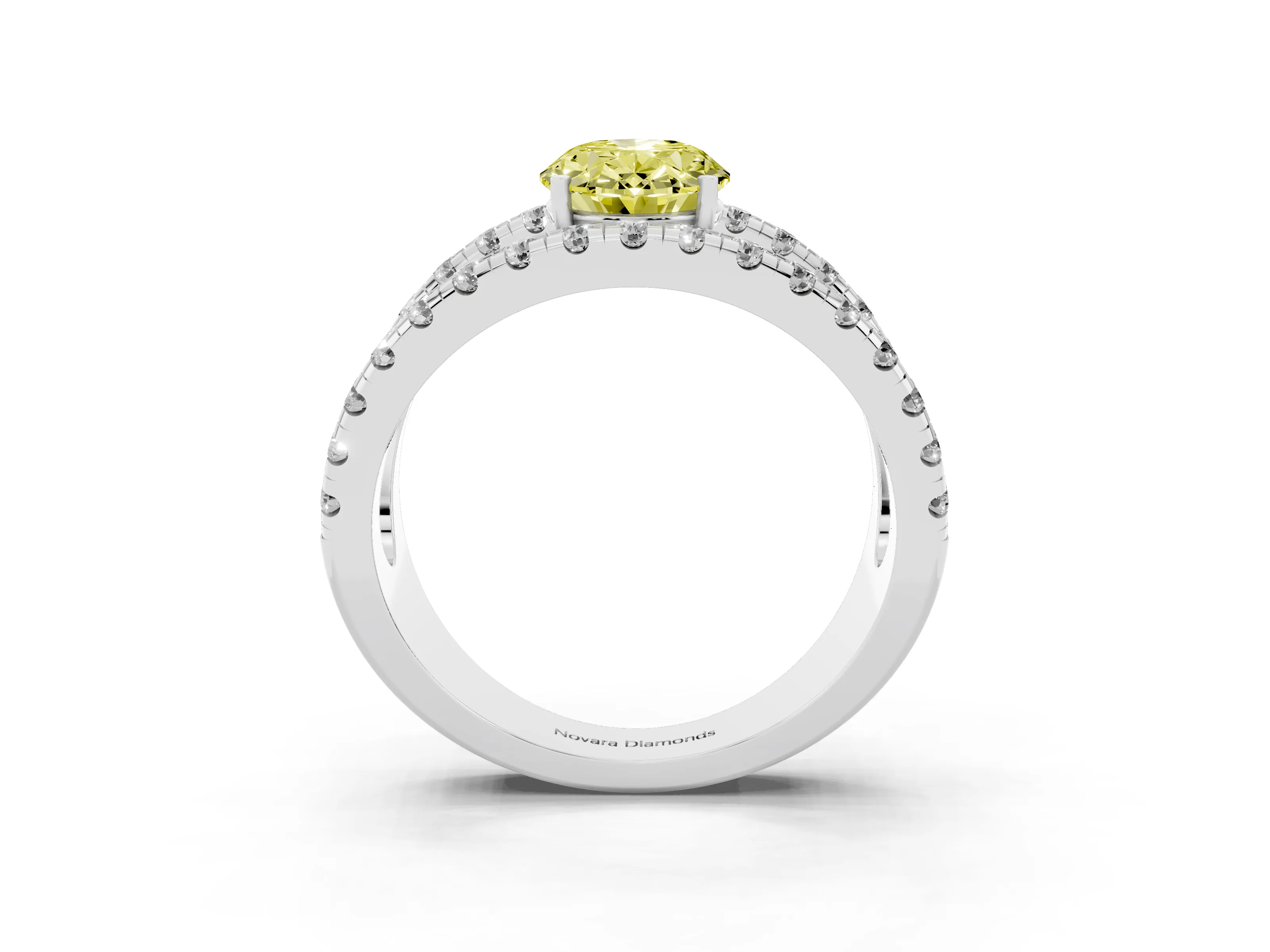 Fancy Yellow Oval Cut Diamond Split Shank Pavé Solitaire Ring Set in Platinum with Open Shank Design