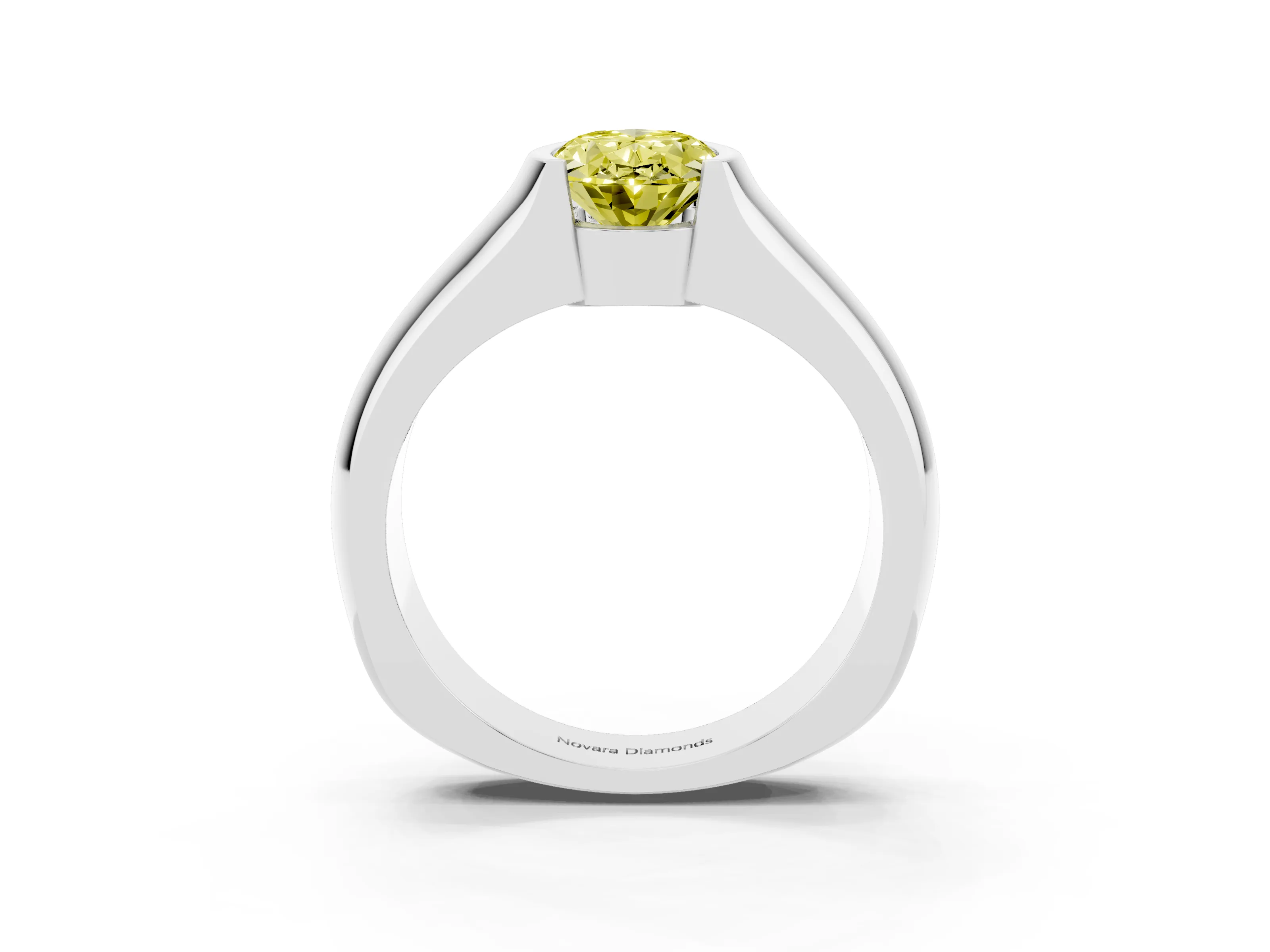 Fancy Yellow Oval Cut Diamond Bezel Solitaire Ring Set in White gold with Wide Band
