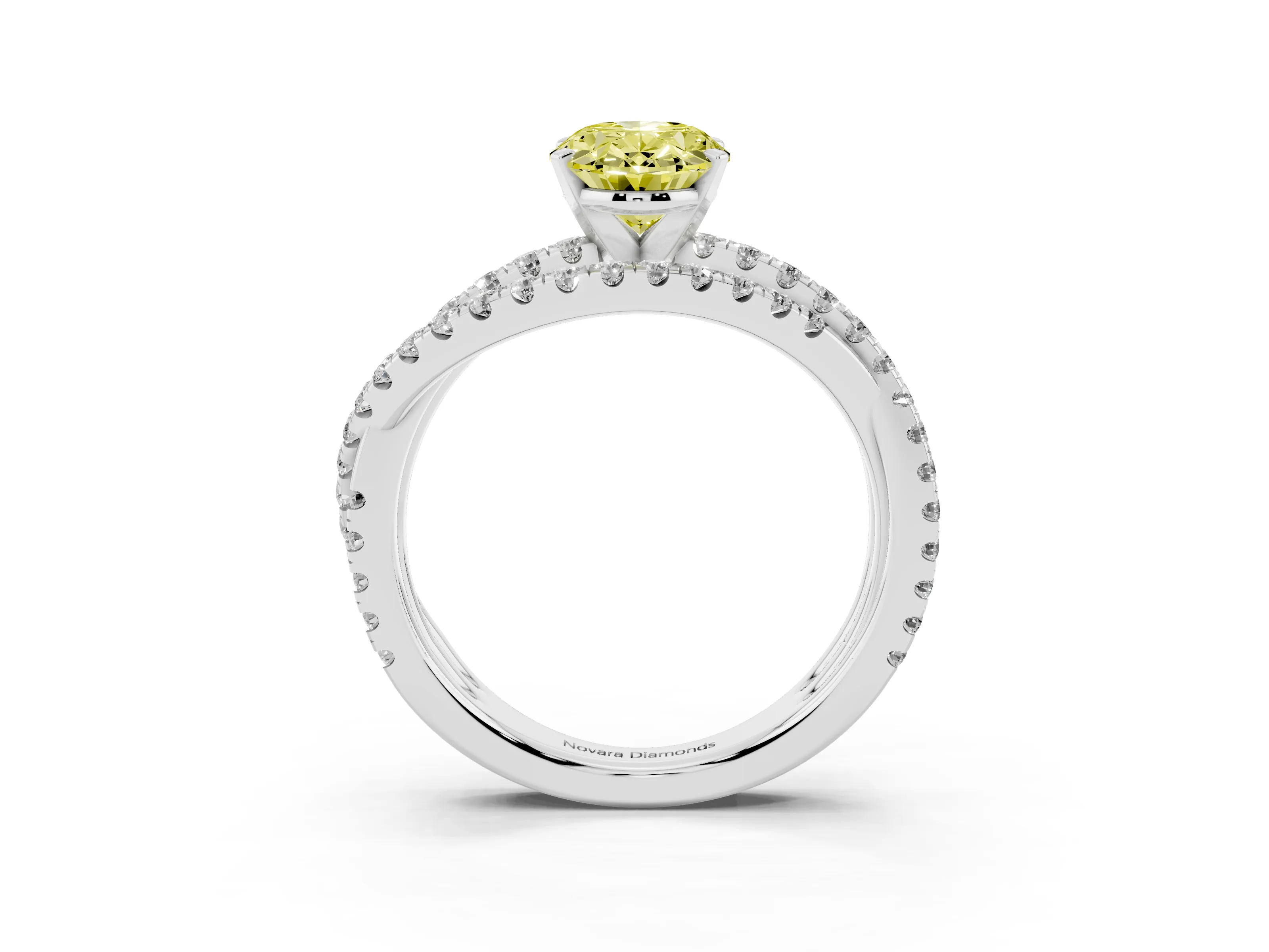 Fancy Yellow Oval Cut Diamond Solitaire Twist Band Ring Set in Platinum with Pavé Setting and Prong Head