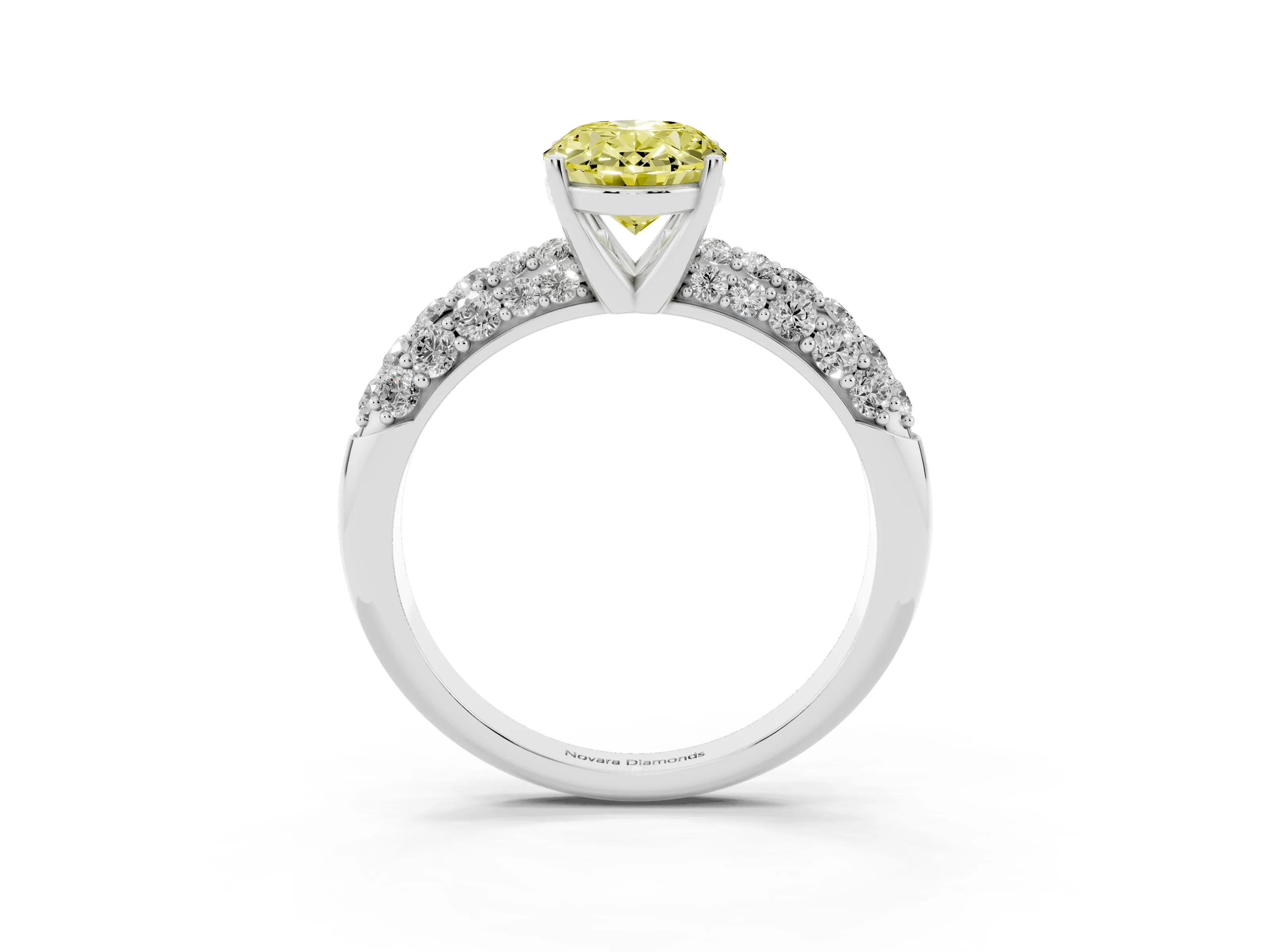 Fancy Yellow Oval Cut Diamond Pavé Band Solitaire Ring Set in White gold with Close-Set Accent Stones and Prong Setting
