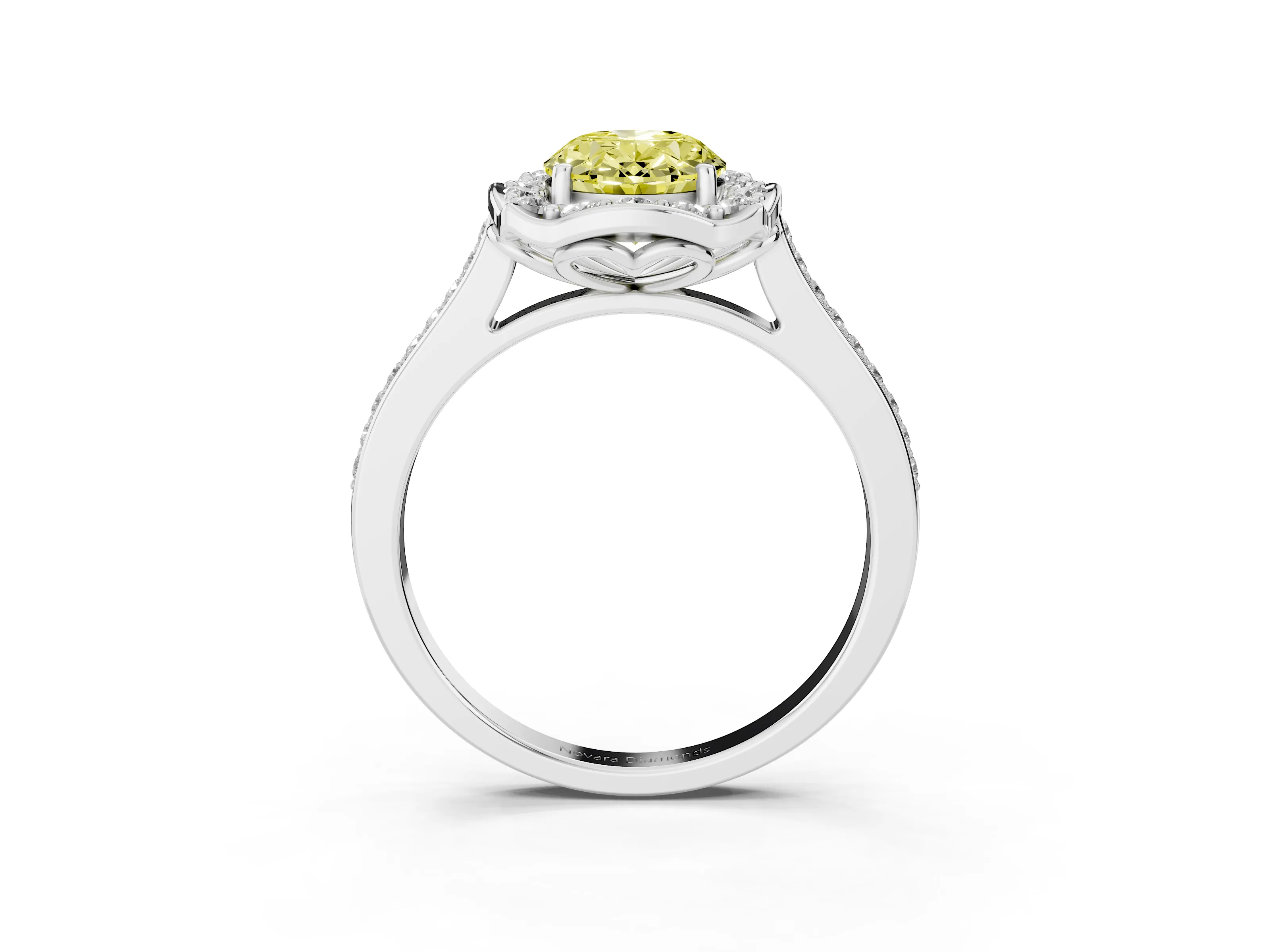 Fancy Yellow Oval Cut Diamond Halo Ring Set in Platinum with Pavé-Lined Shoulders and Prong Setting