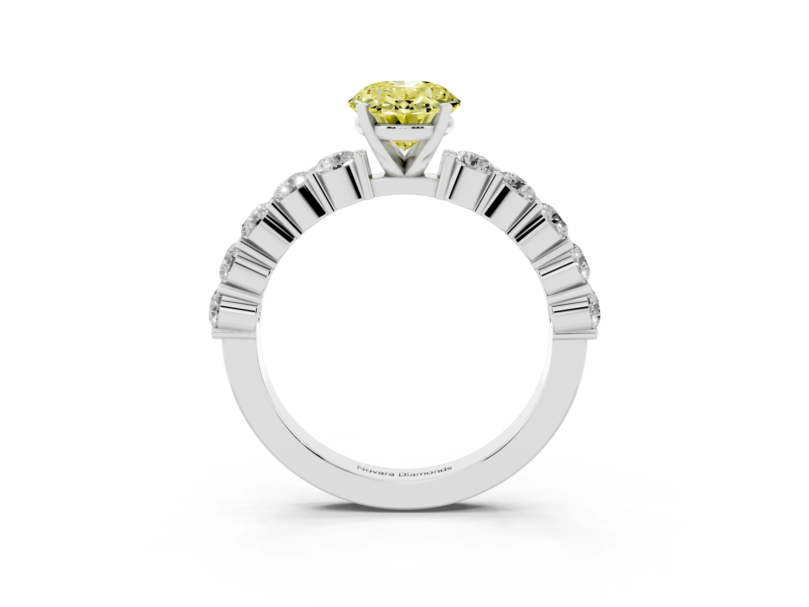 Fancy Yellow Oval Cut Diamond Solitaire Ring Set in Platinum with Shared Prong Round Side Stones
