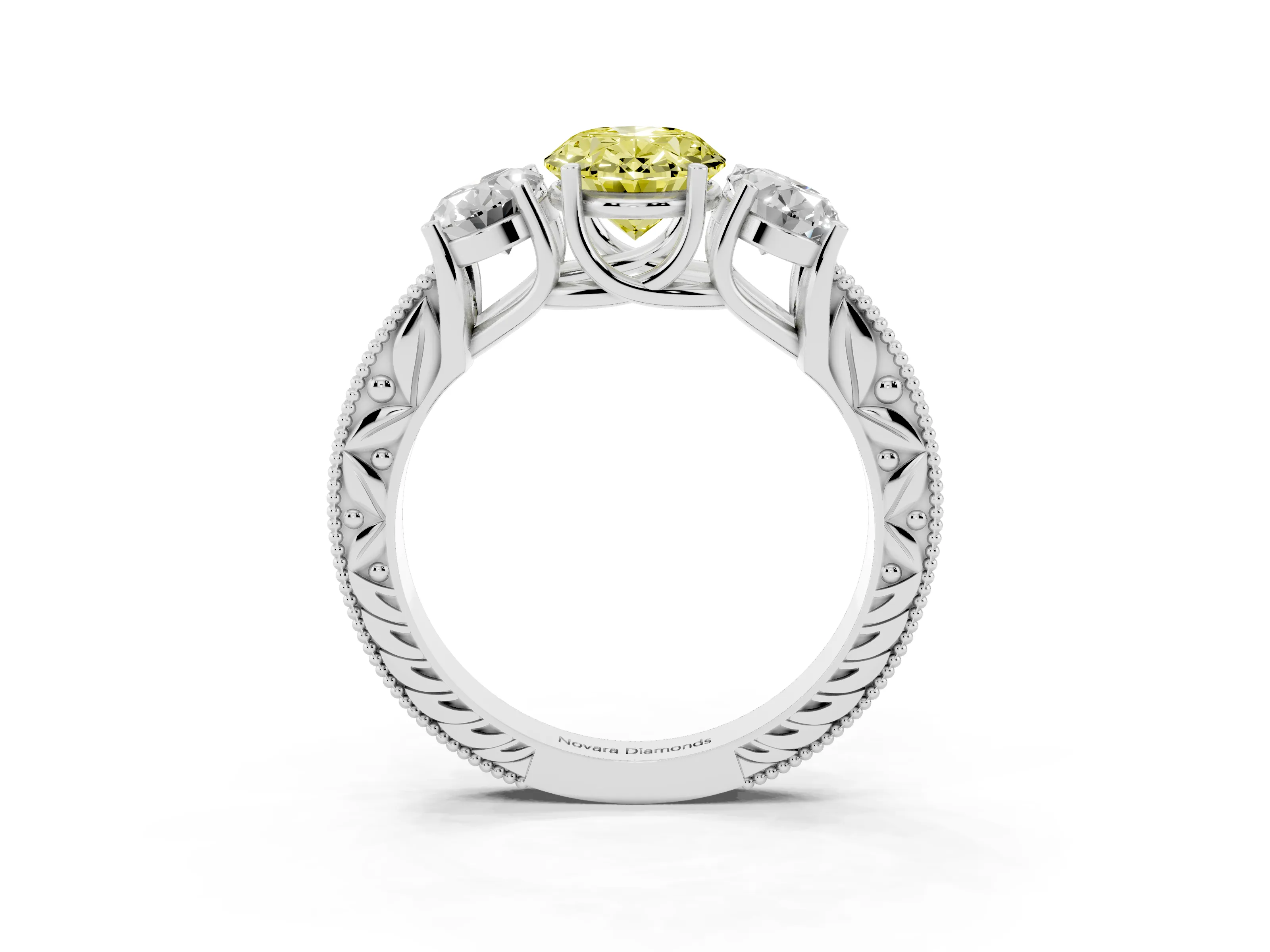 Fancy Yellow Oval Cut Diamond Three-Stone Engagement Ring Set in Silver with Milgrain Pavé Band