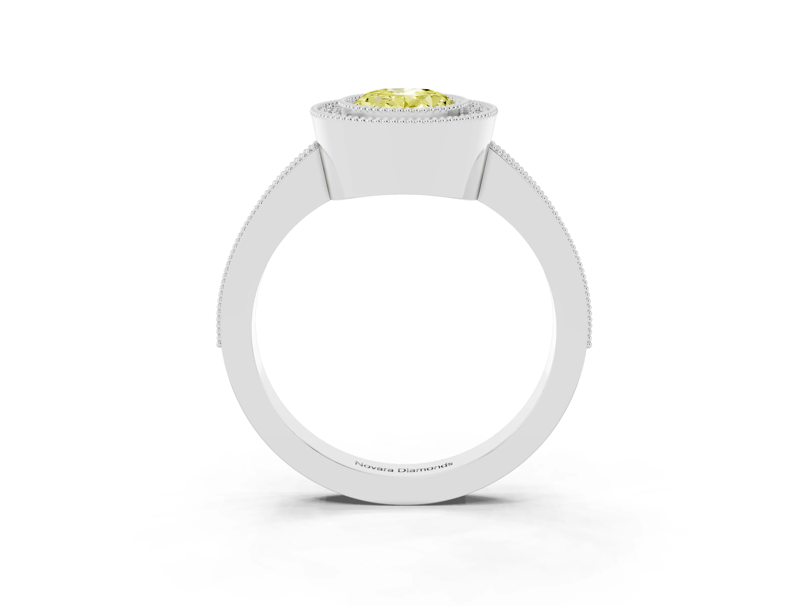 Fancy Yellow Oval Cut Diamond Halo Engagement Ring Set in White gold with Pavé Band and Round Halo Stones