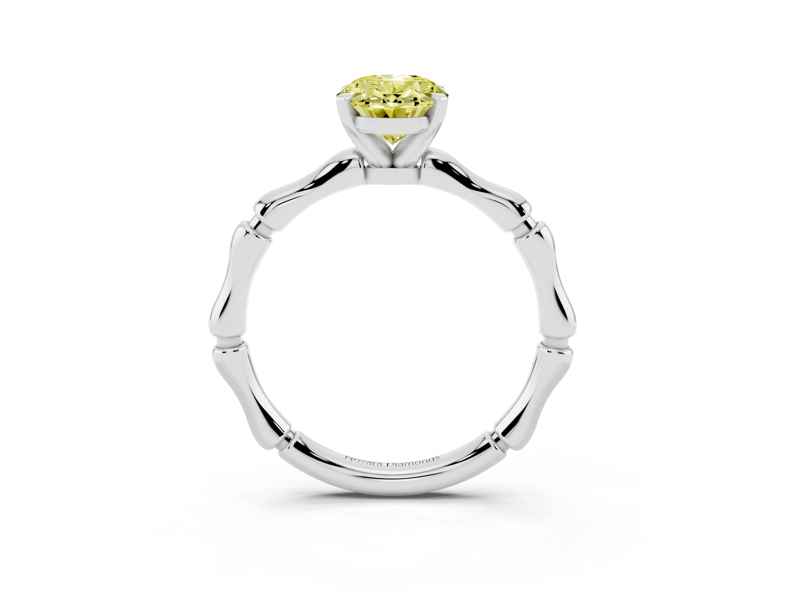Fancy Yellow Oval Cut Diamond Solitaire Ring Set in Platinum with Bamboo Band and Prong Setting