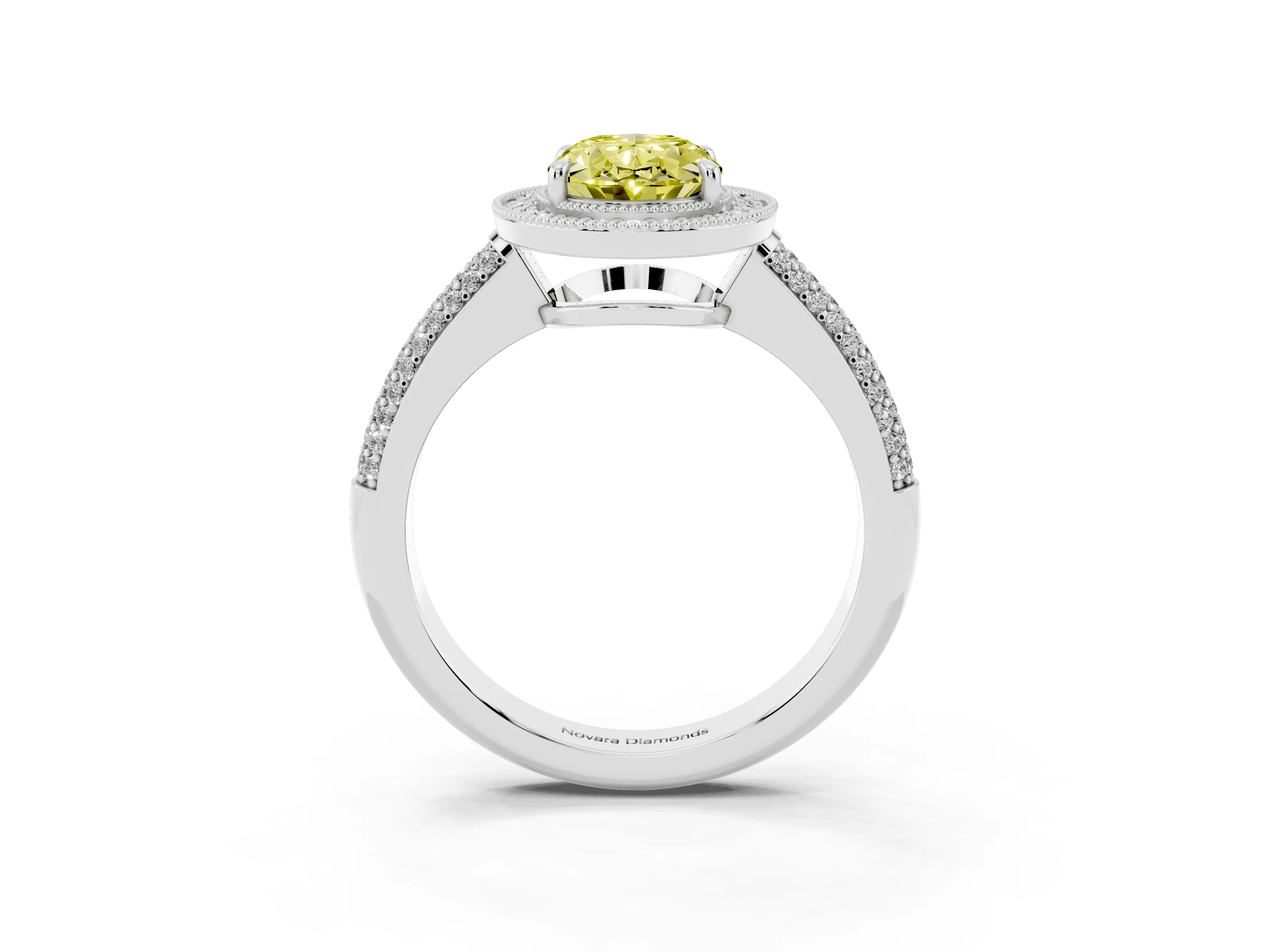 Fancy Yellow Oval Cut Diamond Halo Pavé Band Set in Silver with Prong Setting