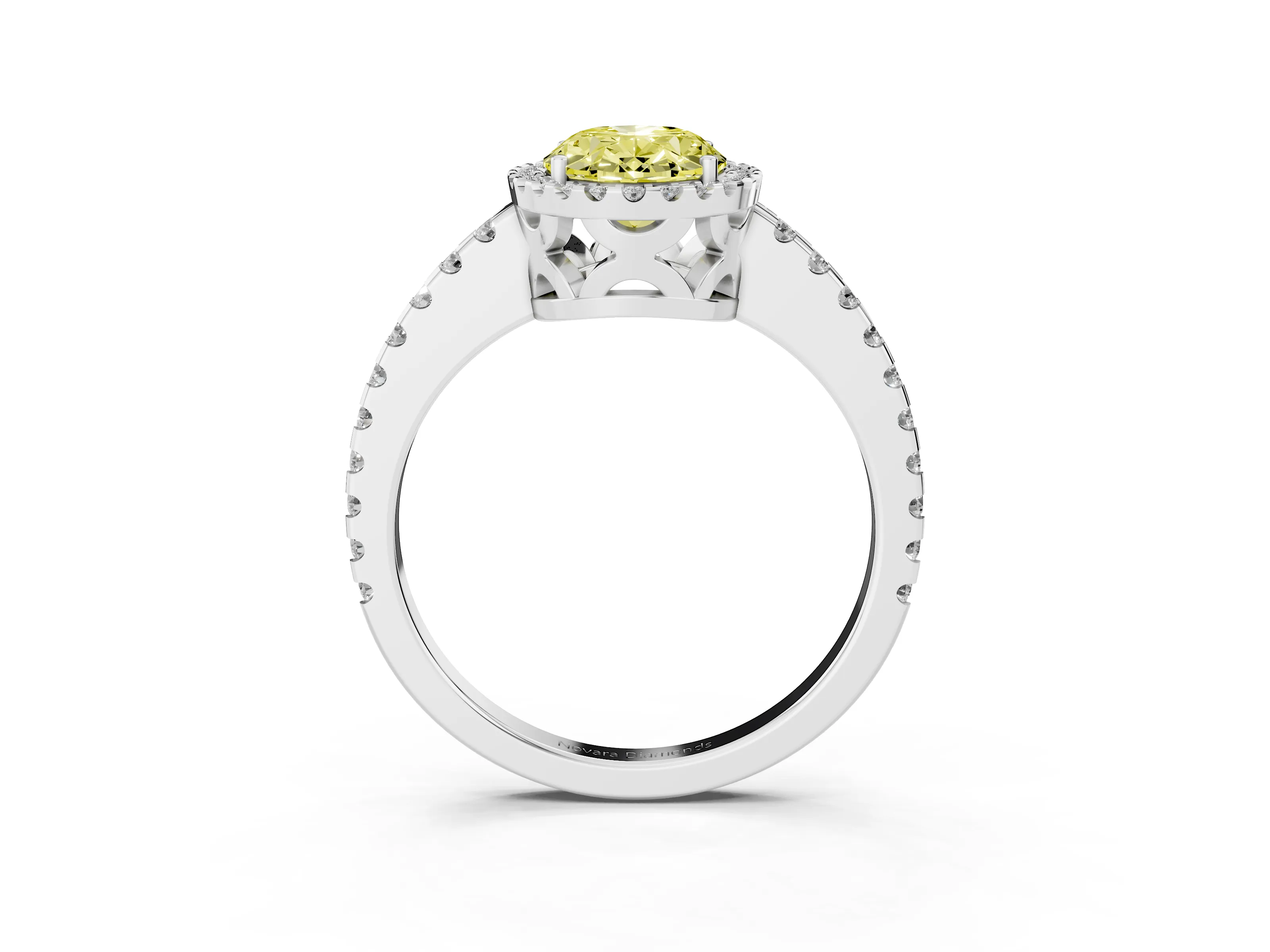 Fancy Yellow Oval Cut Diamond Halo Ring Set in Silver with Pavé Shoulders and Halo-Framed Center