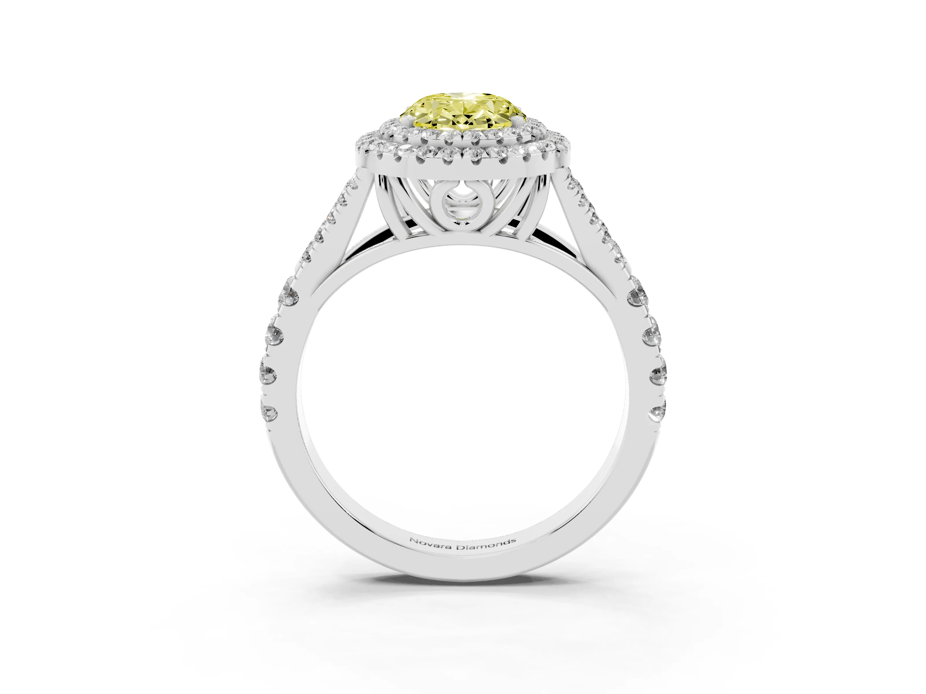 Fancy Yellow Oval Cut Diamond Pavé Split Shank Double Halo Engagement Ring Set in Silver