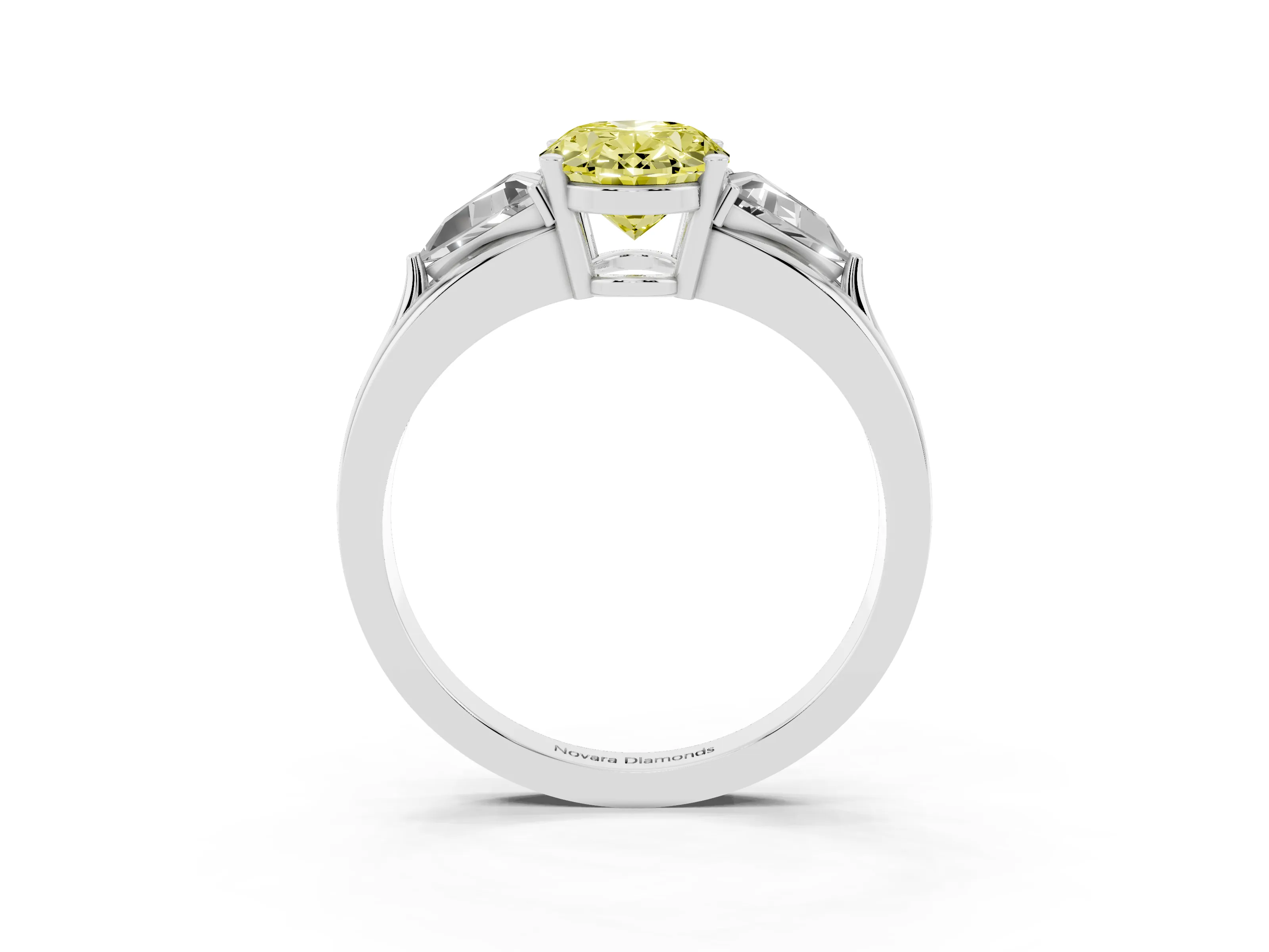 Fancy Yellow Oval Cut Diamond Three-Stone Ring Set in White gold with Trillion Side Stones and Split Shank