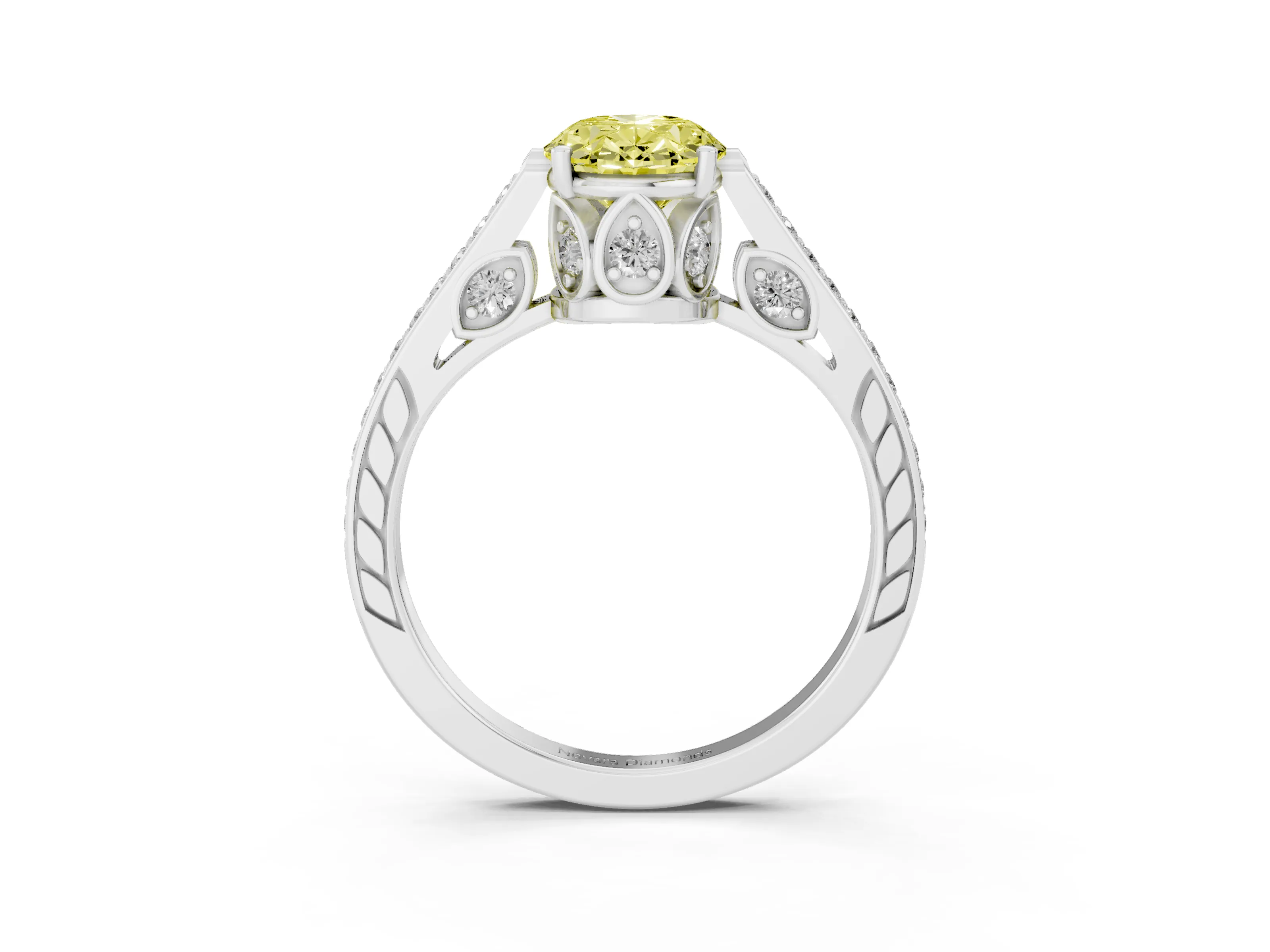 Fancy Yellow Oval Cut Diamond Cathedral Pavé Engagement Ring Set in Silver with Prong Setting