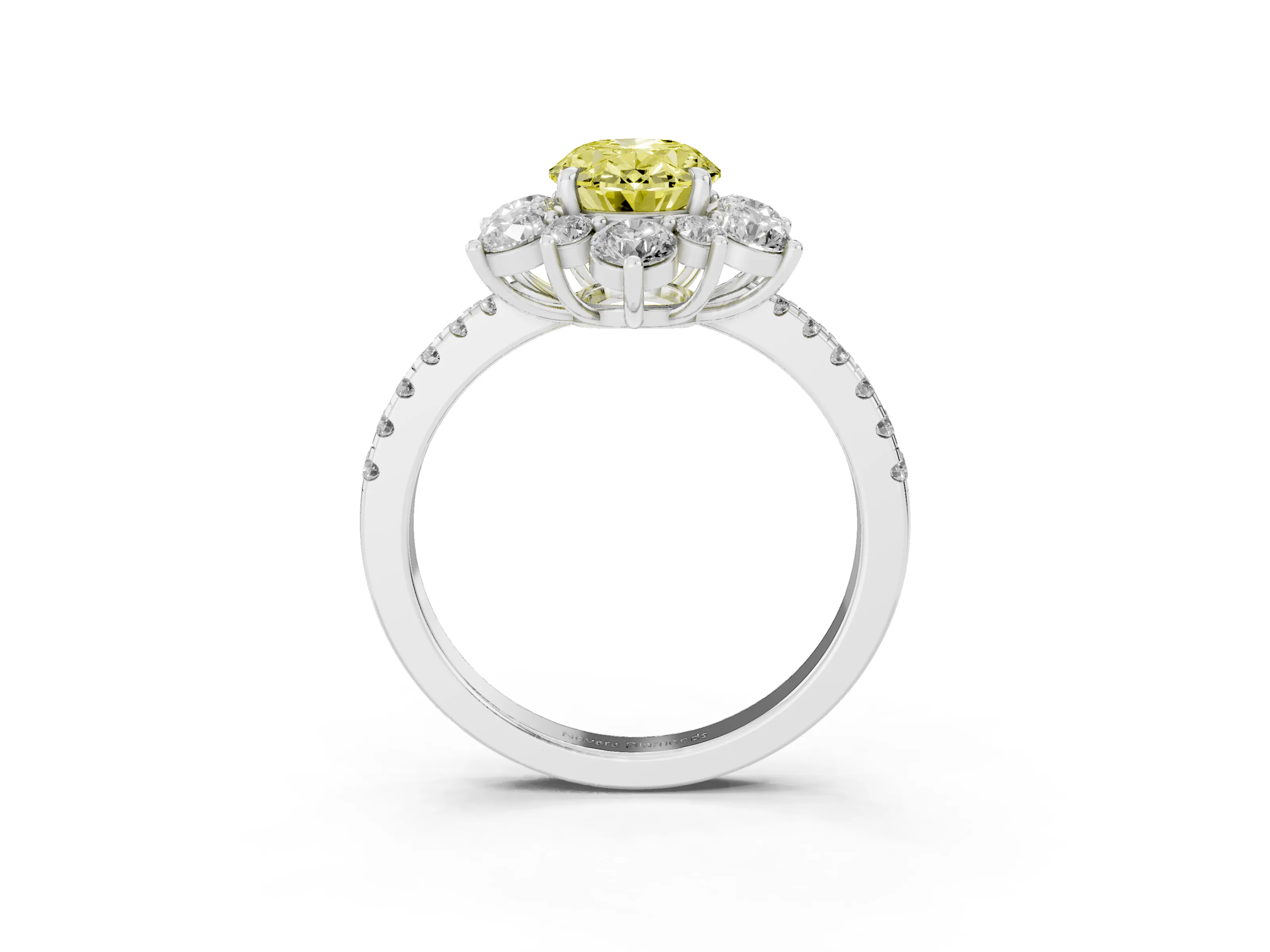 Fancy Yellow Oval Cut Diamond Floral Halo Ring Set in Platinum with Round Pavé Band and Prong Setting
