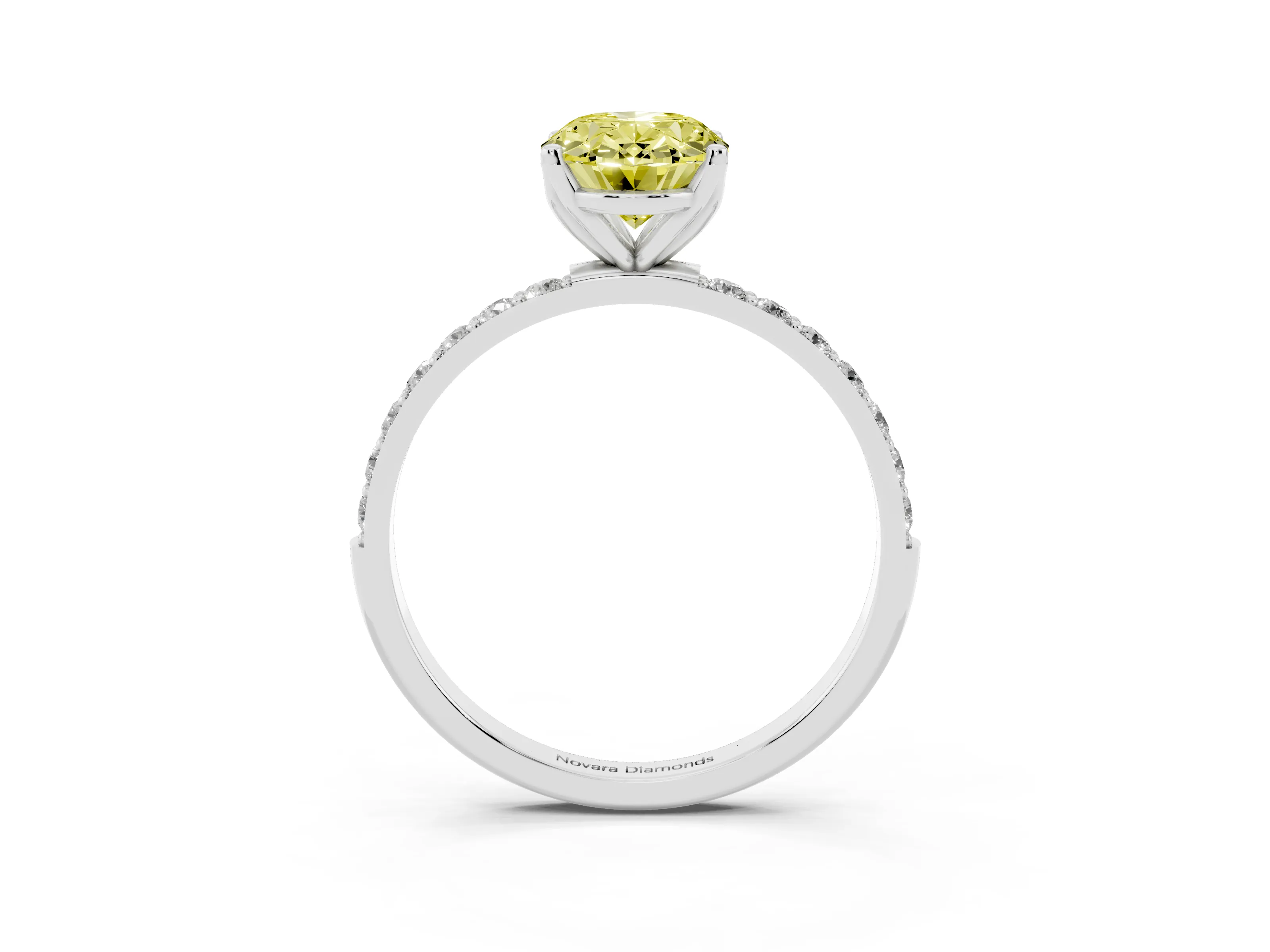 Fancy Yellow Oval Cut Diamond Solitaire Engagement Ring Set in Platinum with Round Pavé Band and Prong Setting