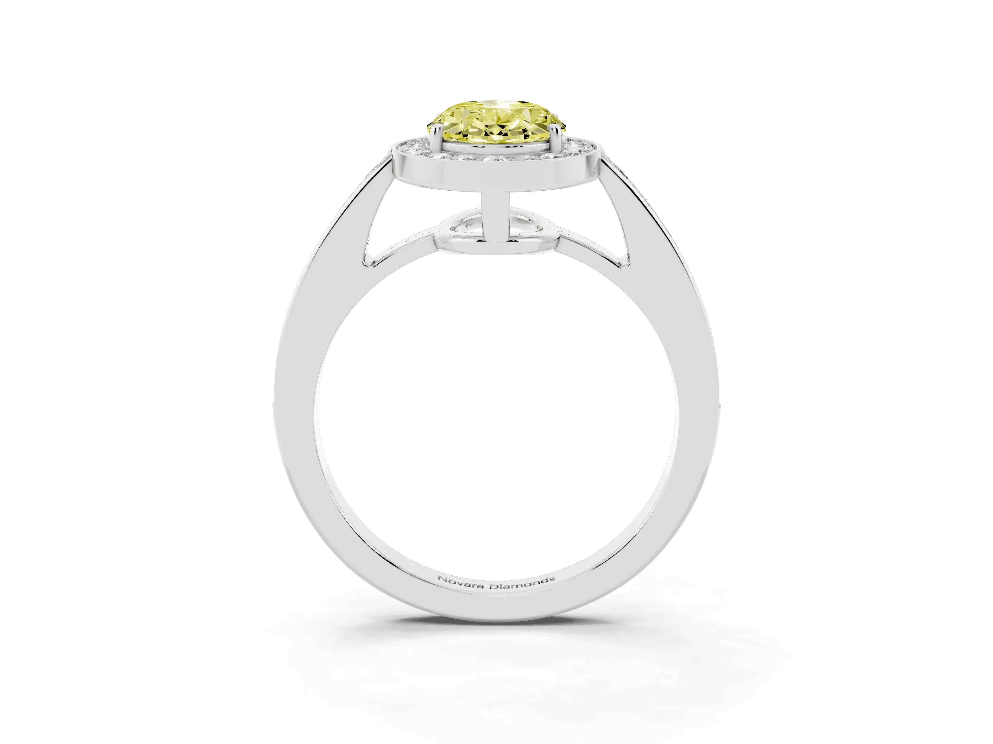 Fancy Yellow Oval Cut Diamond Halo Pavé Engagement Ring Set in Silver with Bezel Setting