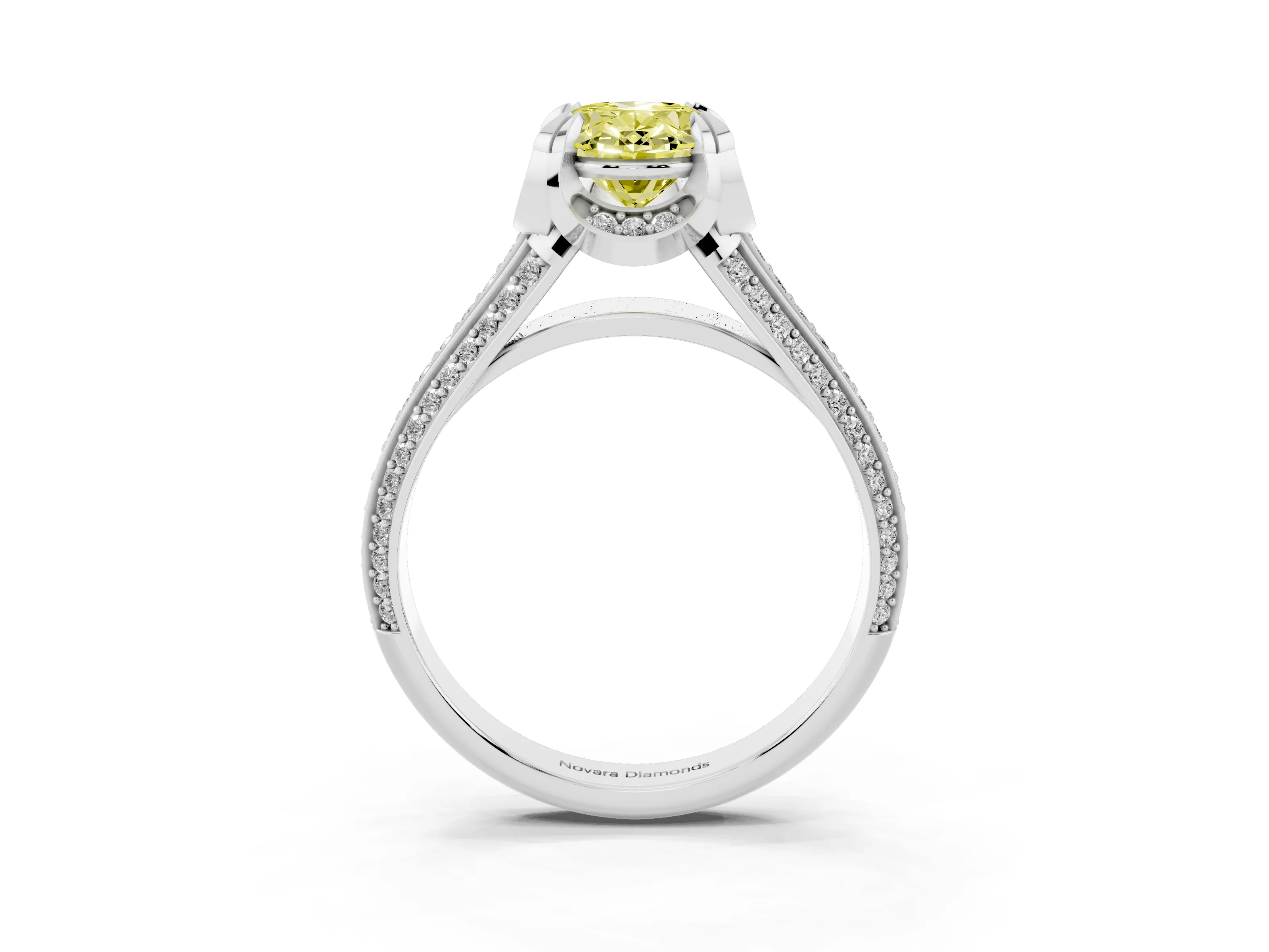 Fancy Yellow Oval Cut Diamond Pavé Split Shank Solitaire Ring Set in Silver with Prong Setting