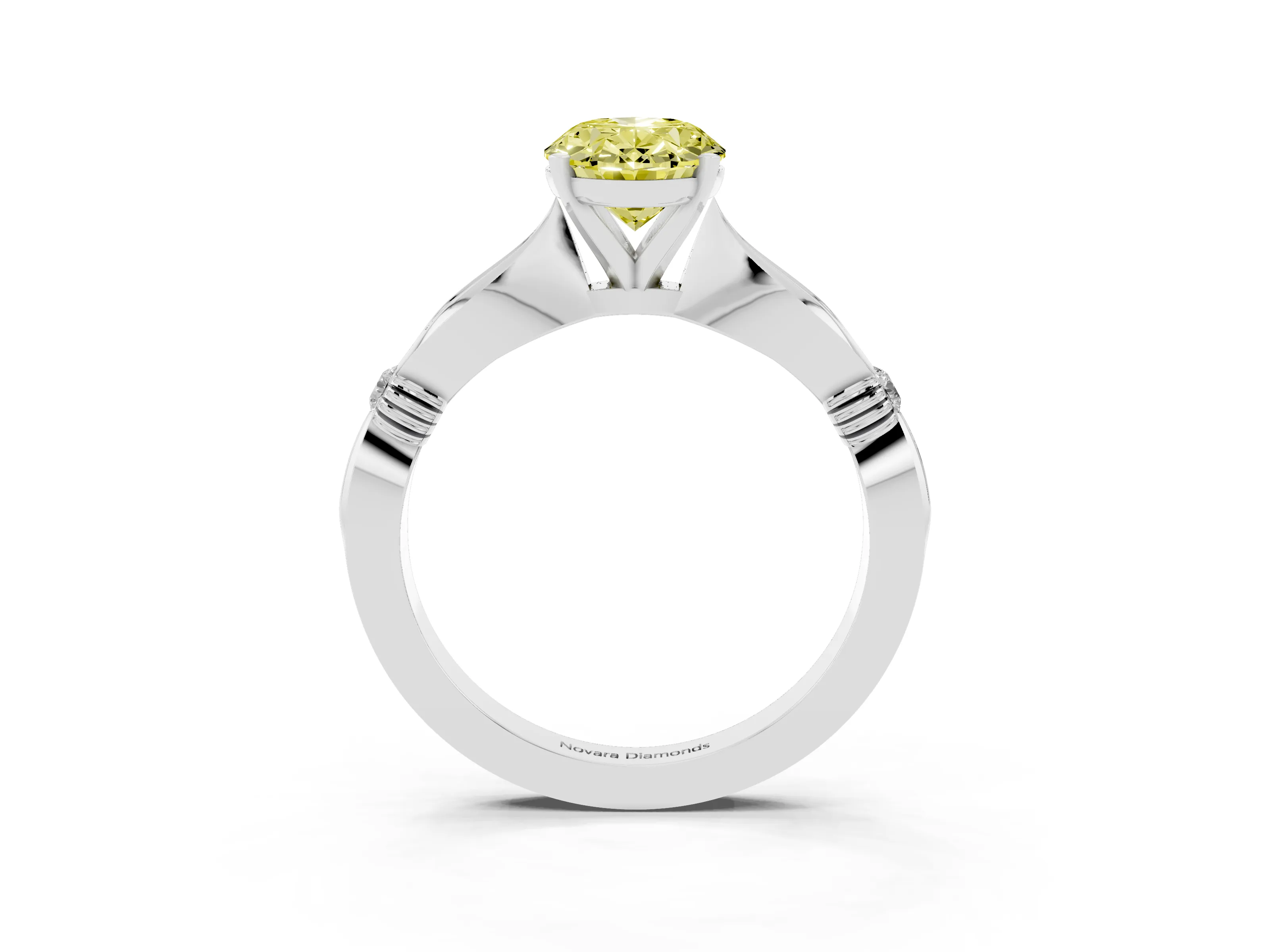 Fancy Yellow Oval Cut Diamond Solitaire Twisted Band Ring Set in White gold with Accent Stones and Prong Setting