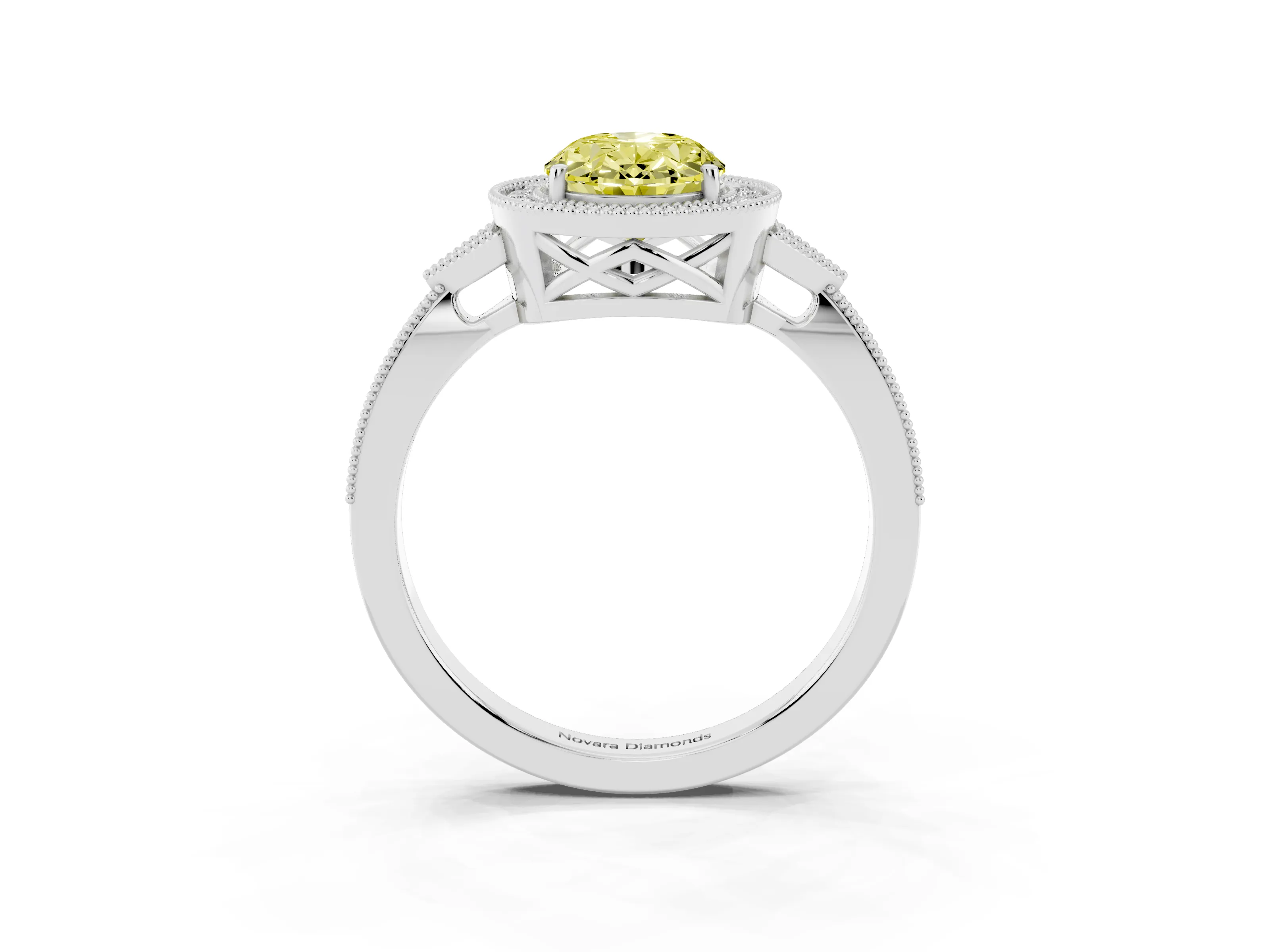 Fancy Yellow Oval Cut Diamond Halo Engagement Ring Set in Silver with Milgrain Pavé Band