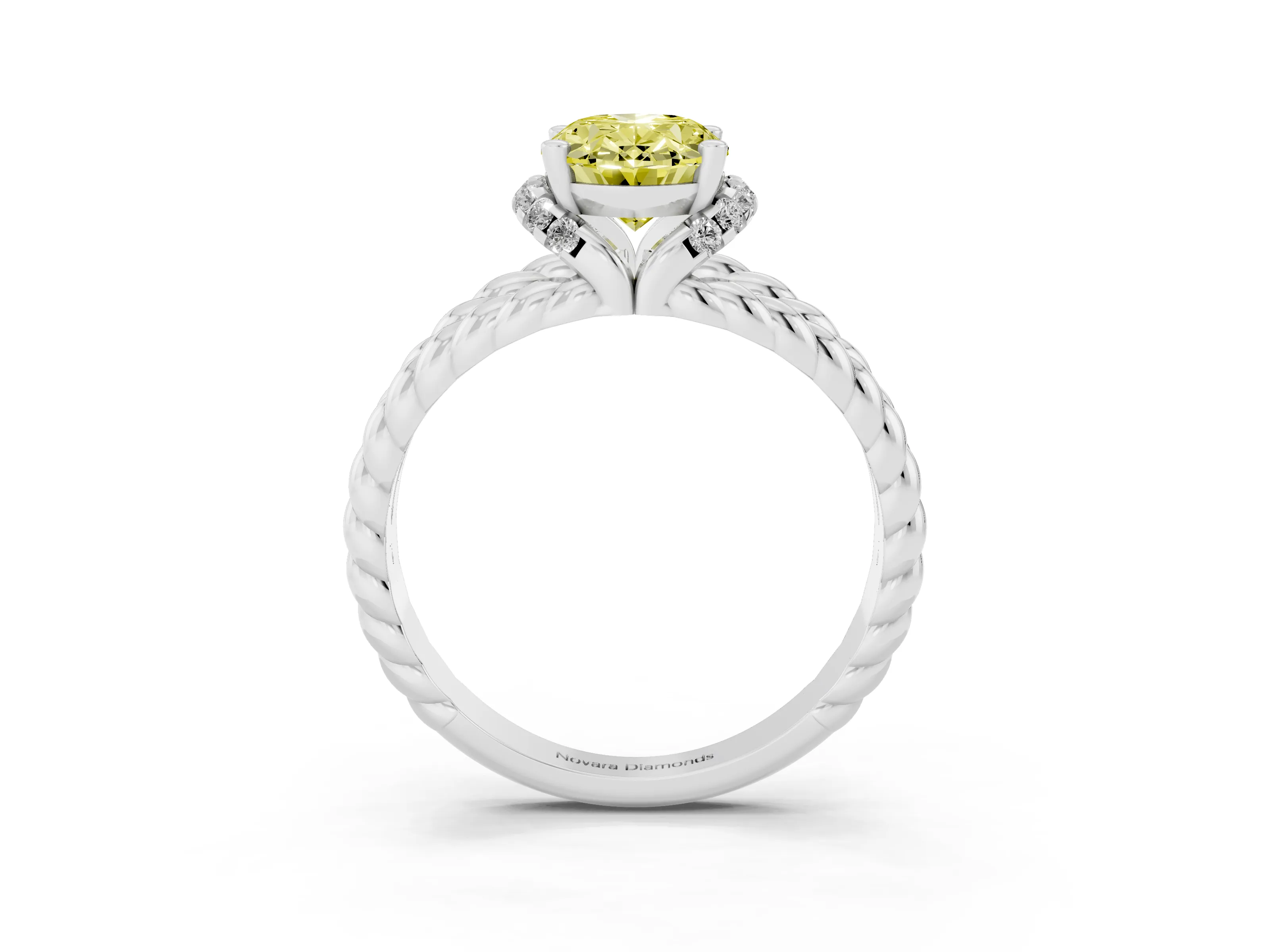 Fancy Yellow Oval Cut Diamond Halo Ring Set in Platinum with Twisted Band and Prong Setting