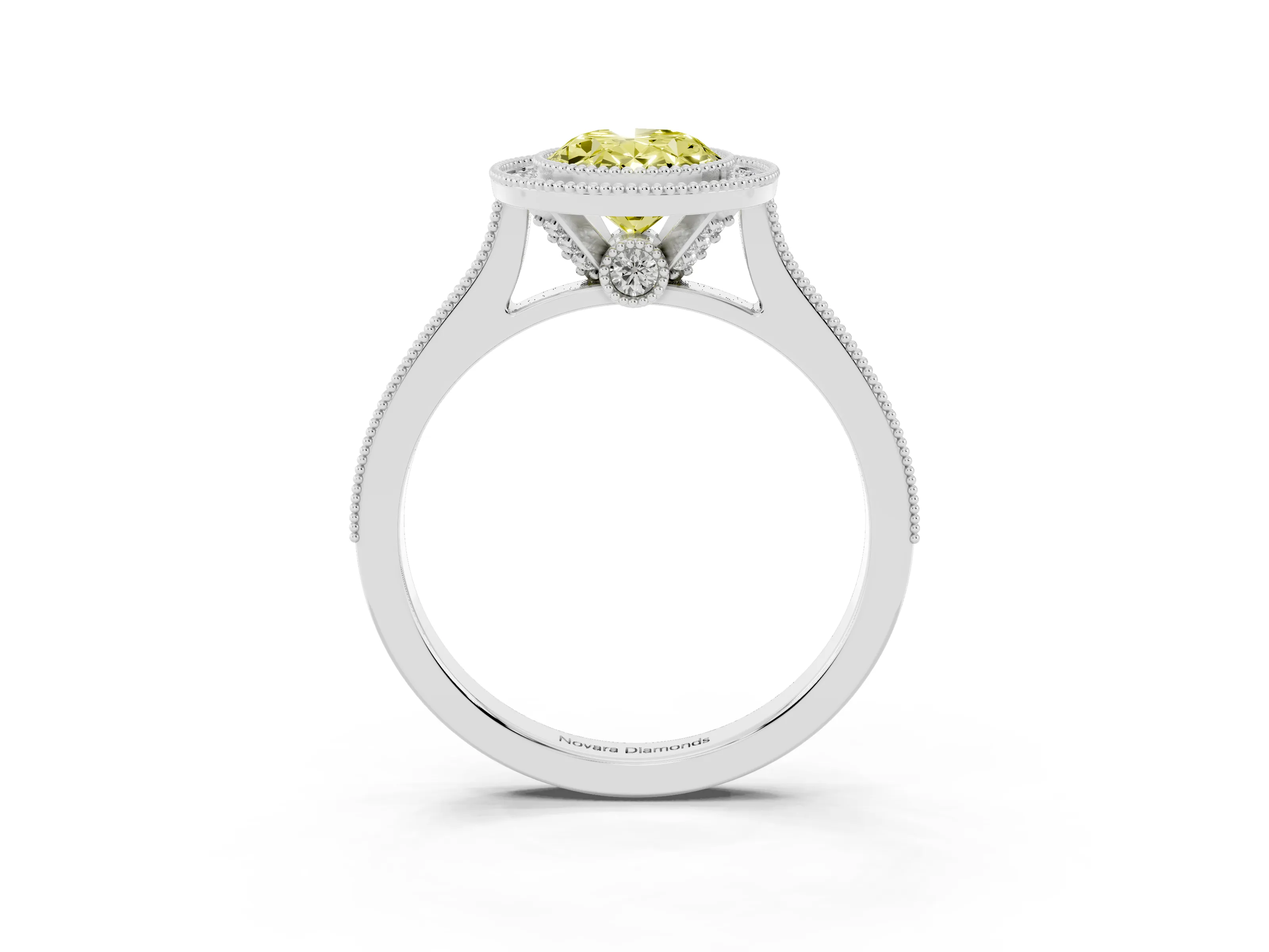 Fancy Yellow Oval Cut Diamond Halo Milgrain Pavé Band Ring Set in Silver with Prong Setting