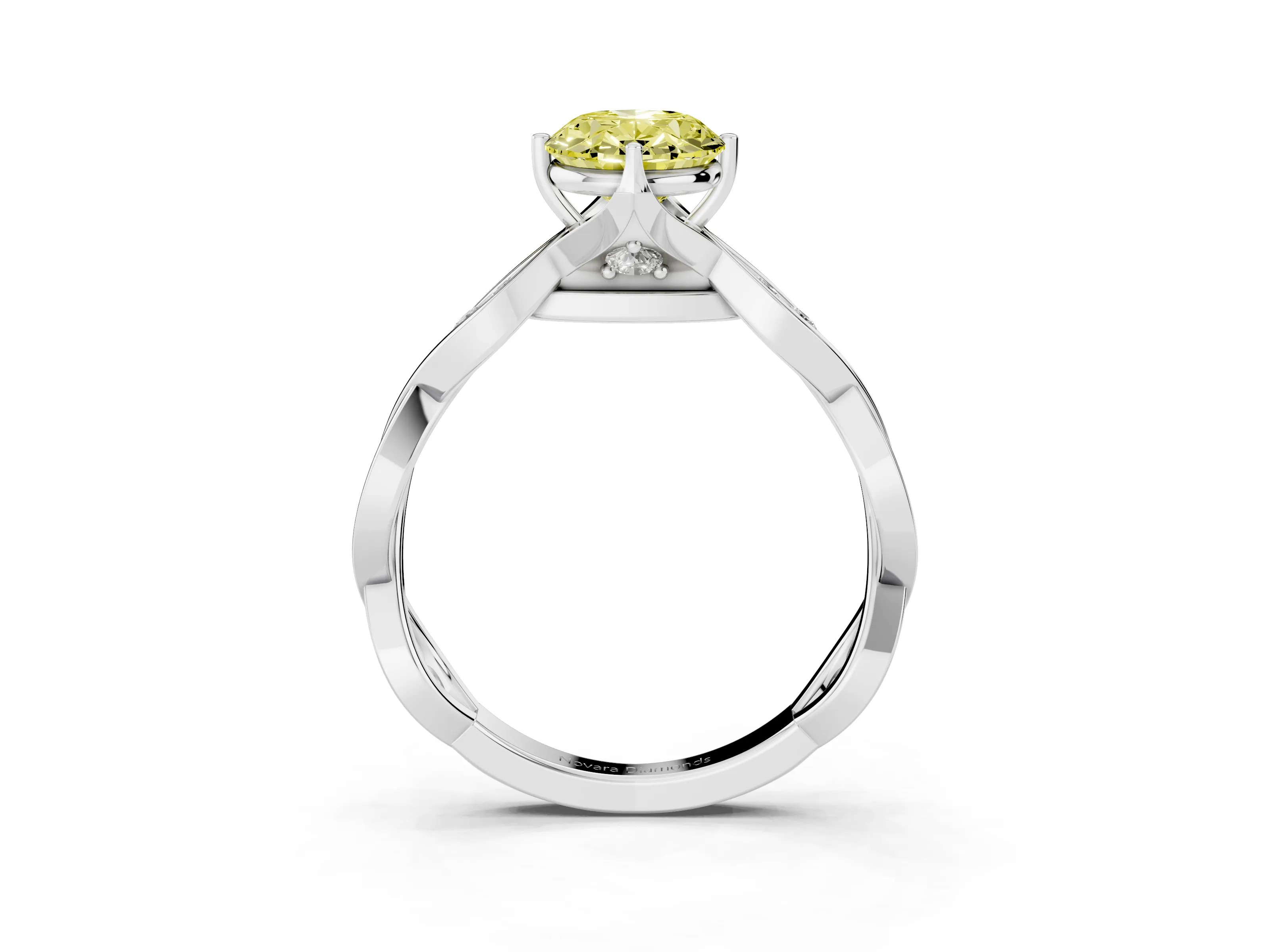 Fancy Yellow Oval Cut Diamond Twist Band Solitaire Ring Set in Platinum with Leaf Prong Setting and Accent Stones