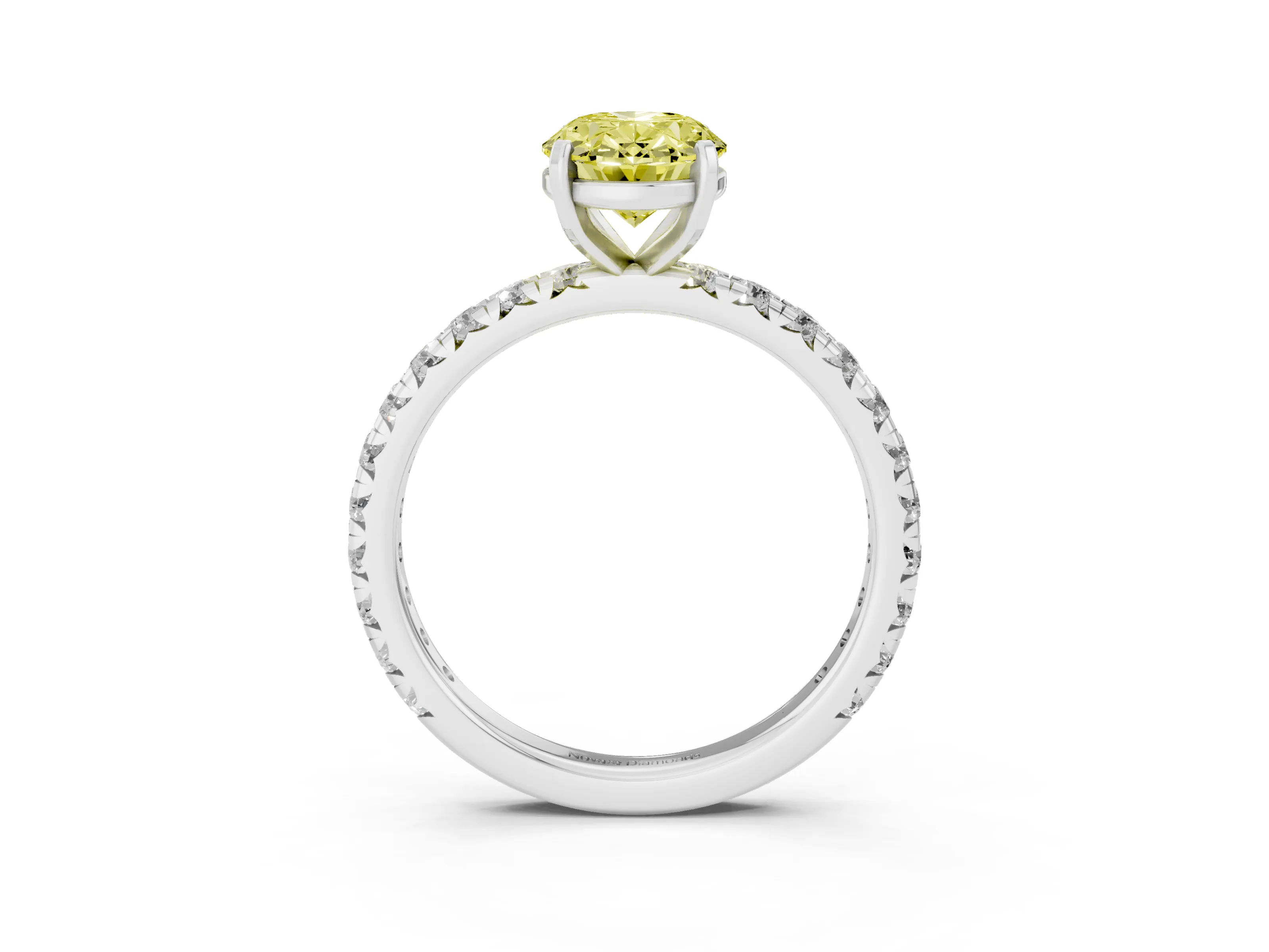 Fancy Yellow Oval Cut Diamond Pavé Solitaire Ring Set in Platinum with Round Band and Prong Setting