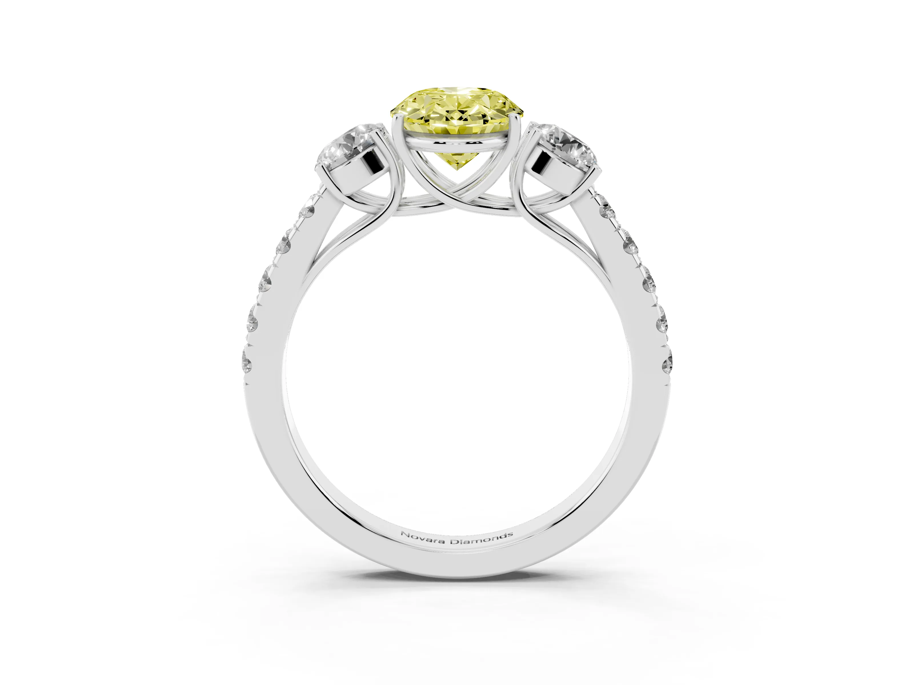 Fancy Yellow Oval Cut Diamond Three-Stone Ring Set in Silver with Round Side Stones and Delicate Pavé Band