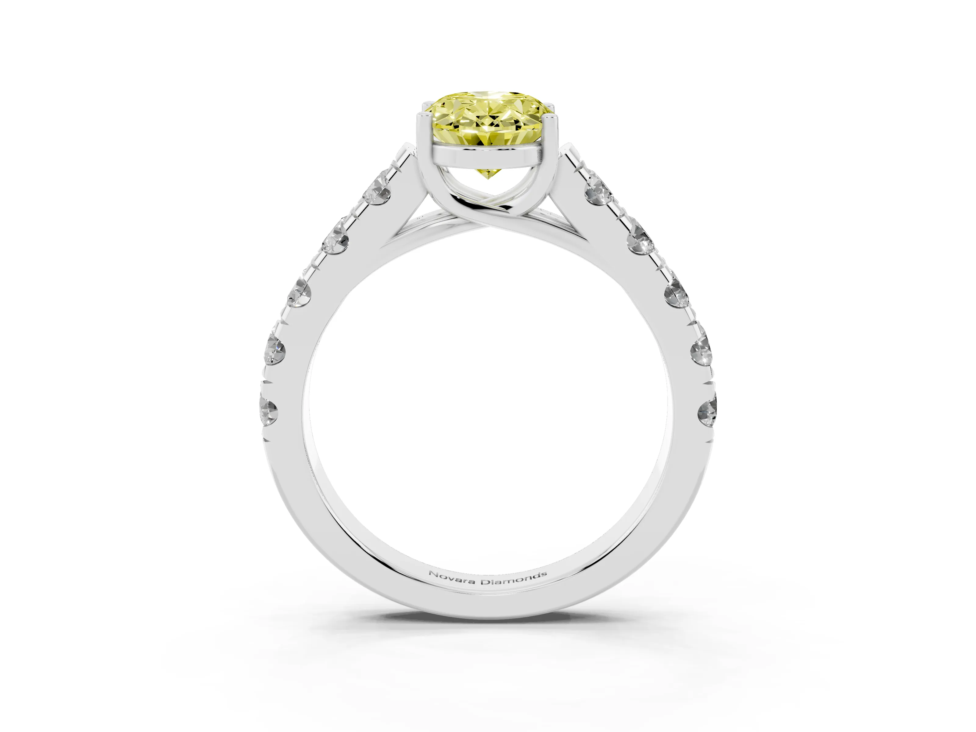 Fancy Yellow Oval Cut Diamond Solitaire Ring Set in Platinum with Cut-Down Micro Pavé Band and Prong Setting