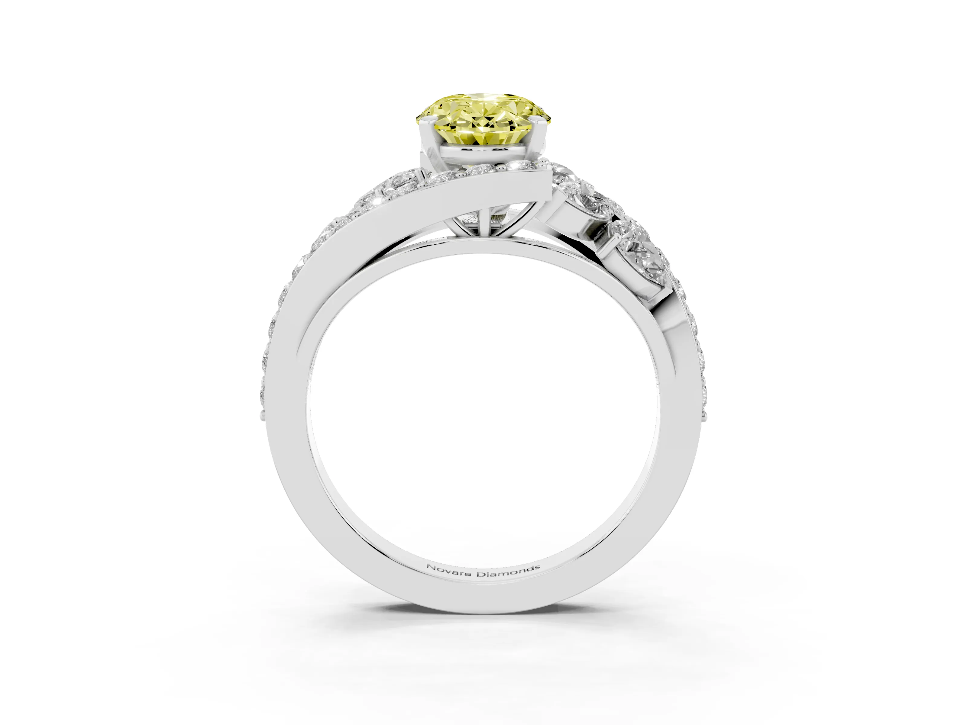 Fancy Yellow Oval Cut Diamond Halo Ring Set in Platinum with Marquise and Pavé Band in Prong Setting