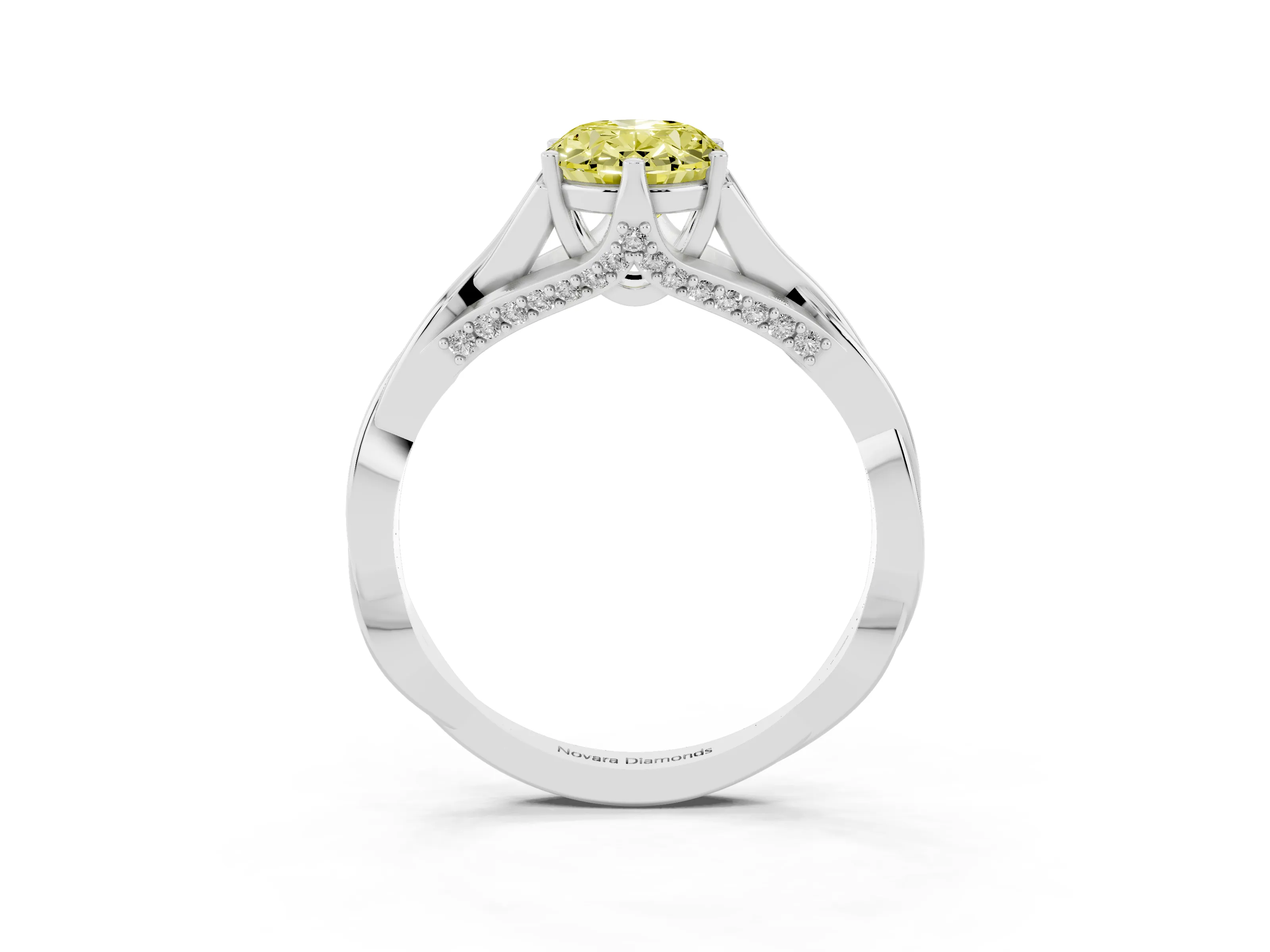 Fancy Yellow Oval Cut Diamond Intertwined Twist Band Solitaire Ring Set in White gold with Prong Setting