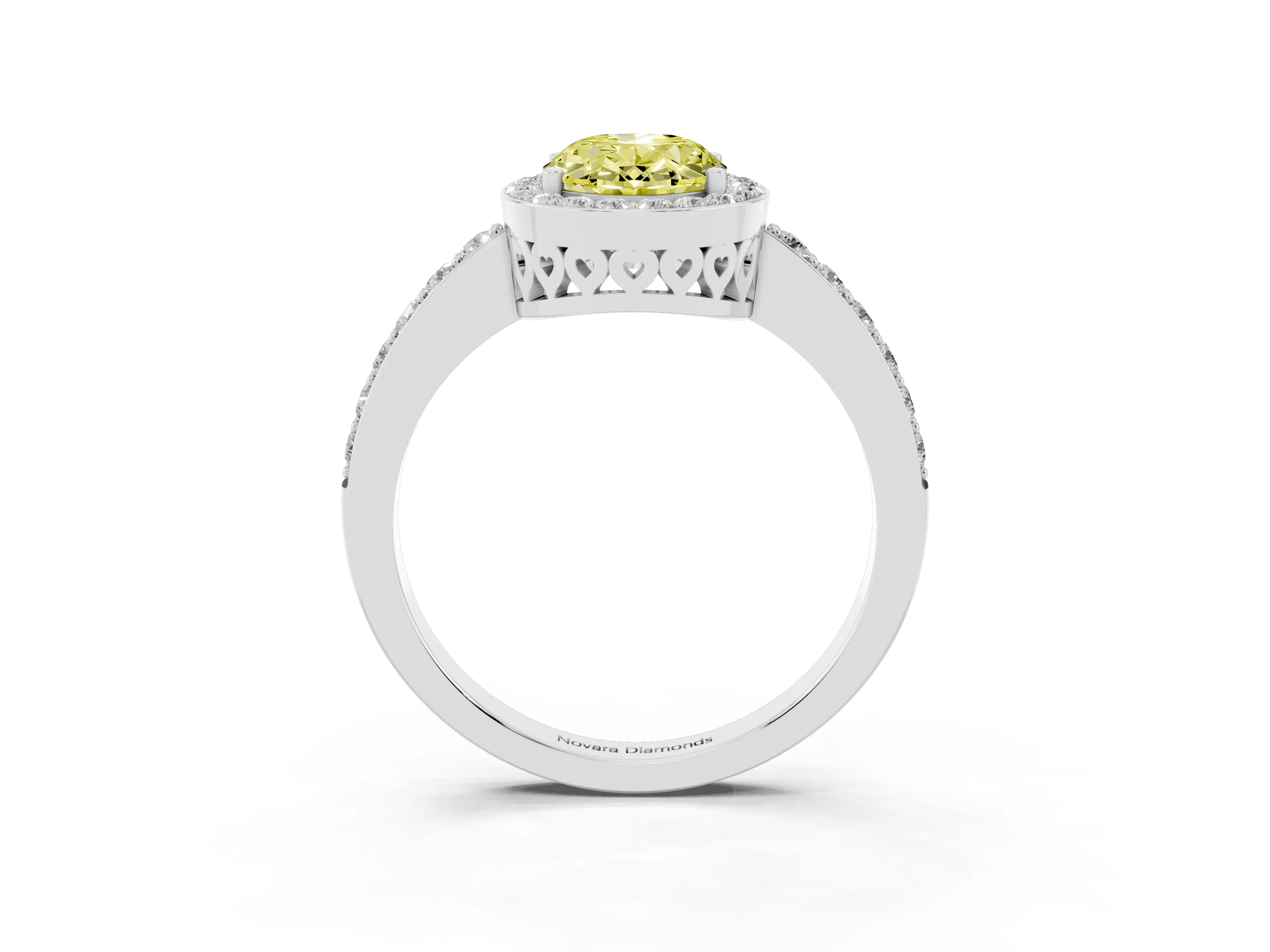 Fancy Yellow Oval Cut Diamond Halo Ring Set in White gold with Pavé-Setting Band and Open Prong Center