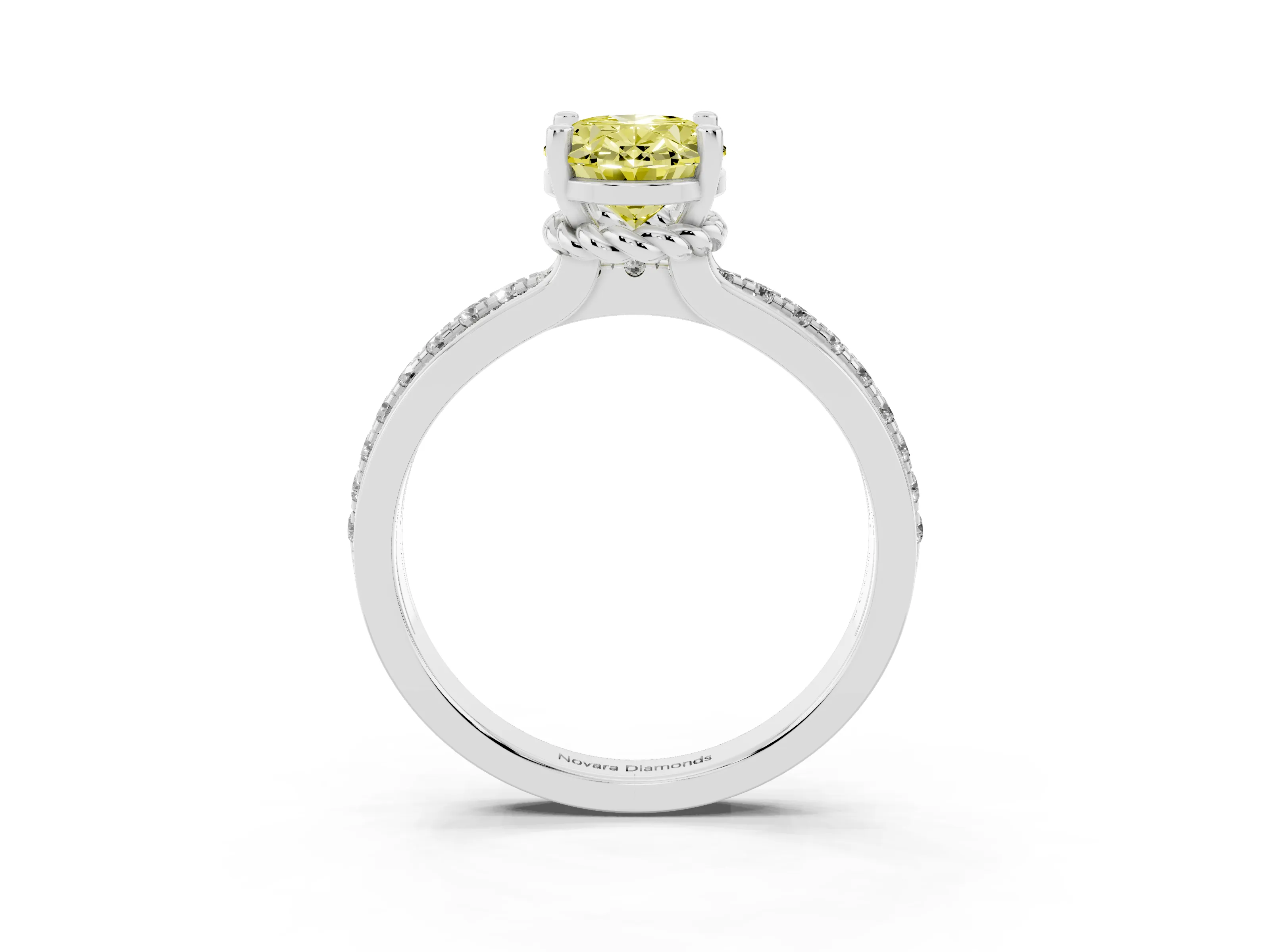 Fancy Yellow Oval Cut Diamond Solitaire Ring Set in Silver with Channel Set Band and Prong Setting